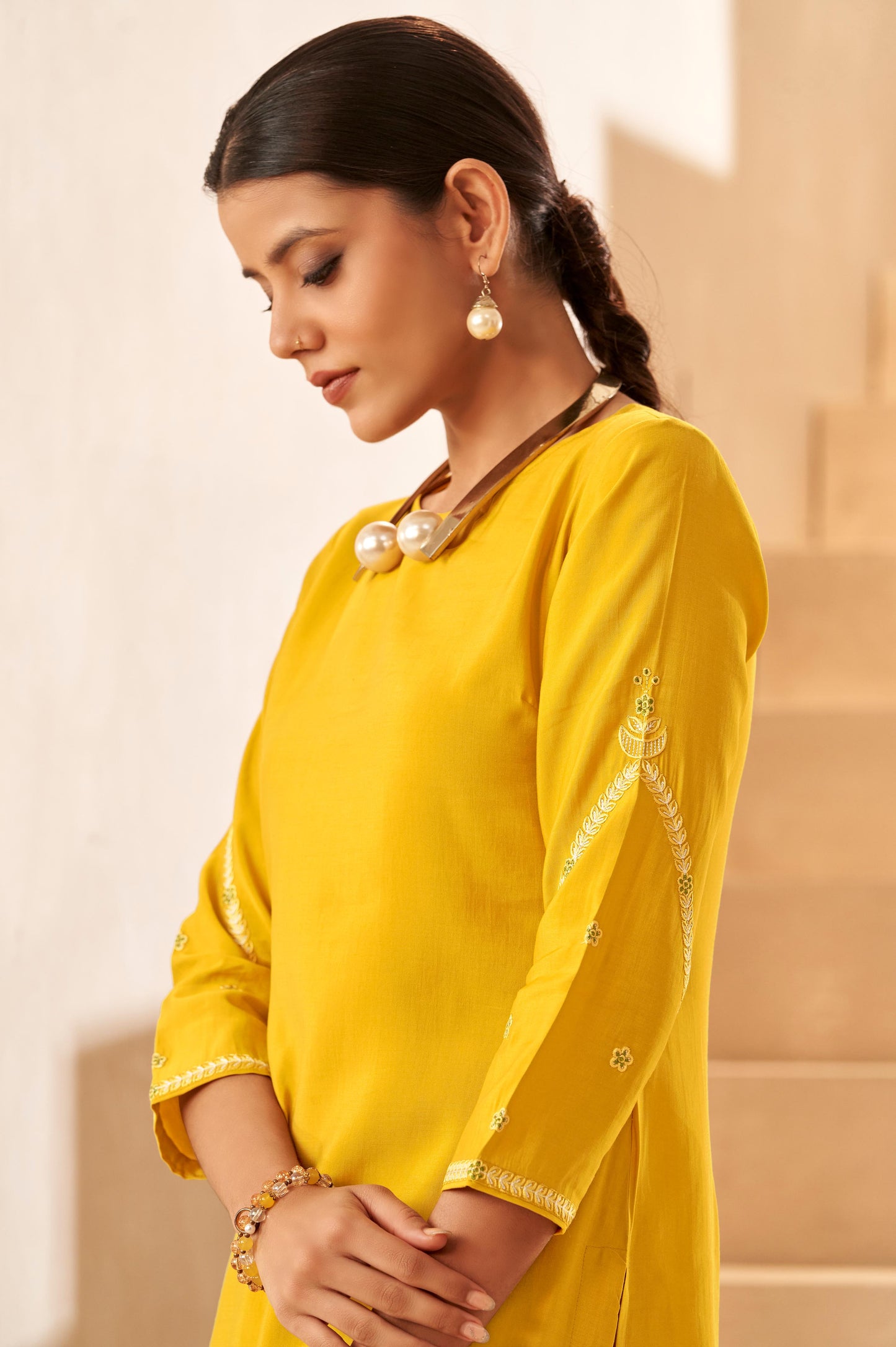 Ocher Yellow Asymmetric Floral Embroidered Kurta Set