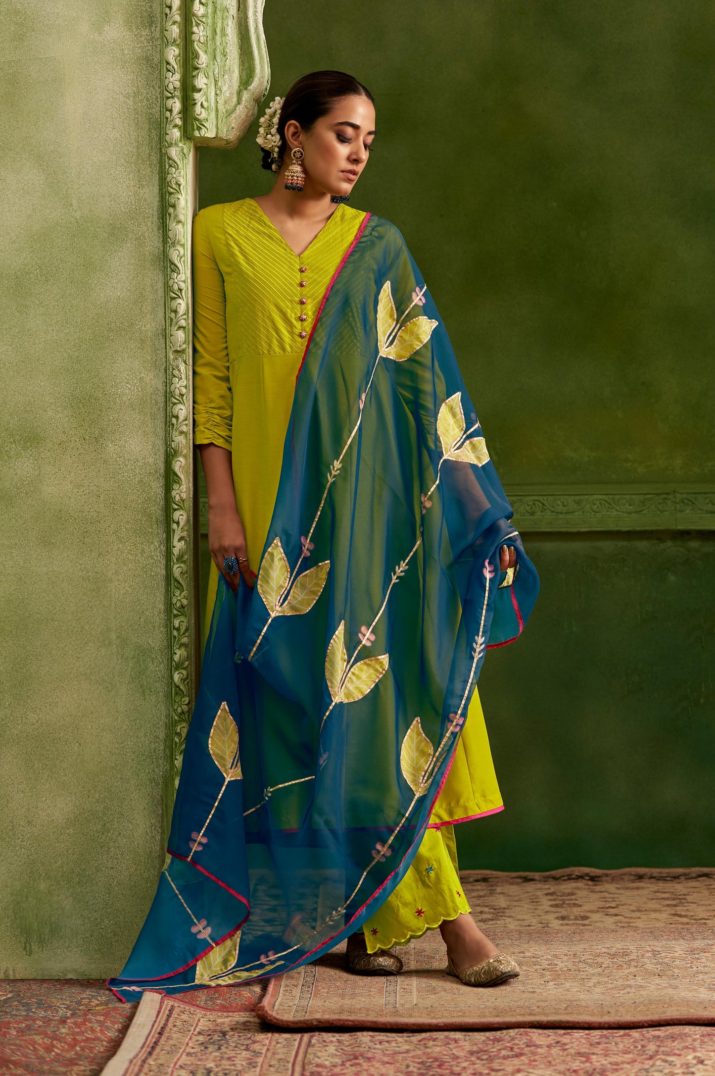 Green Anarkali and Digital Print Embroidery Set