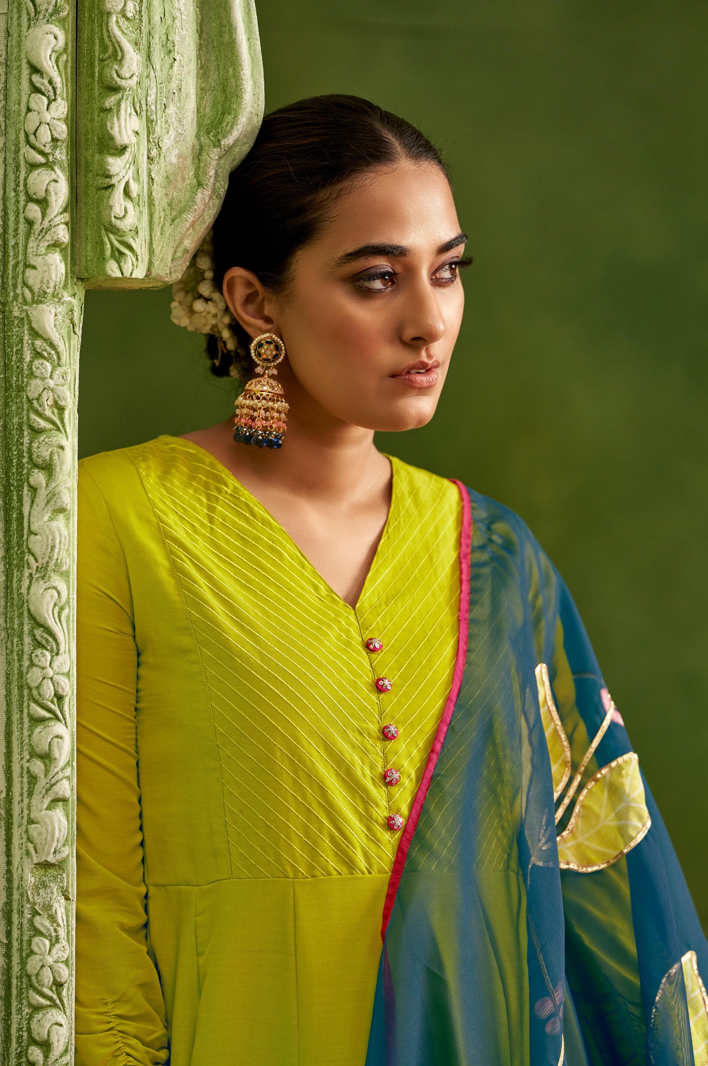 Green Anarkali and Digital Print Embroidery Set