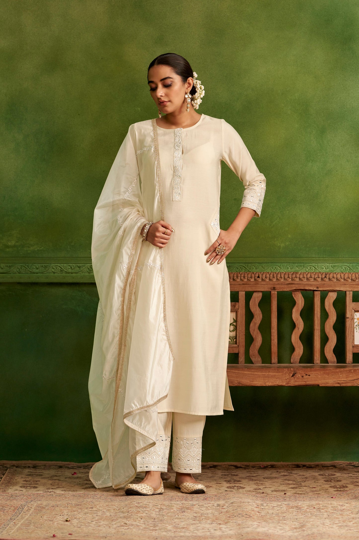 Ivory Embroidered Kurta and Dupatta Set