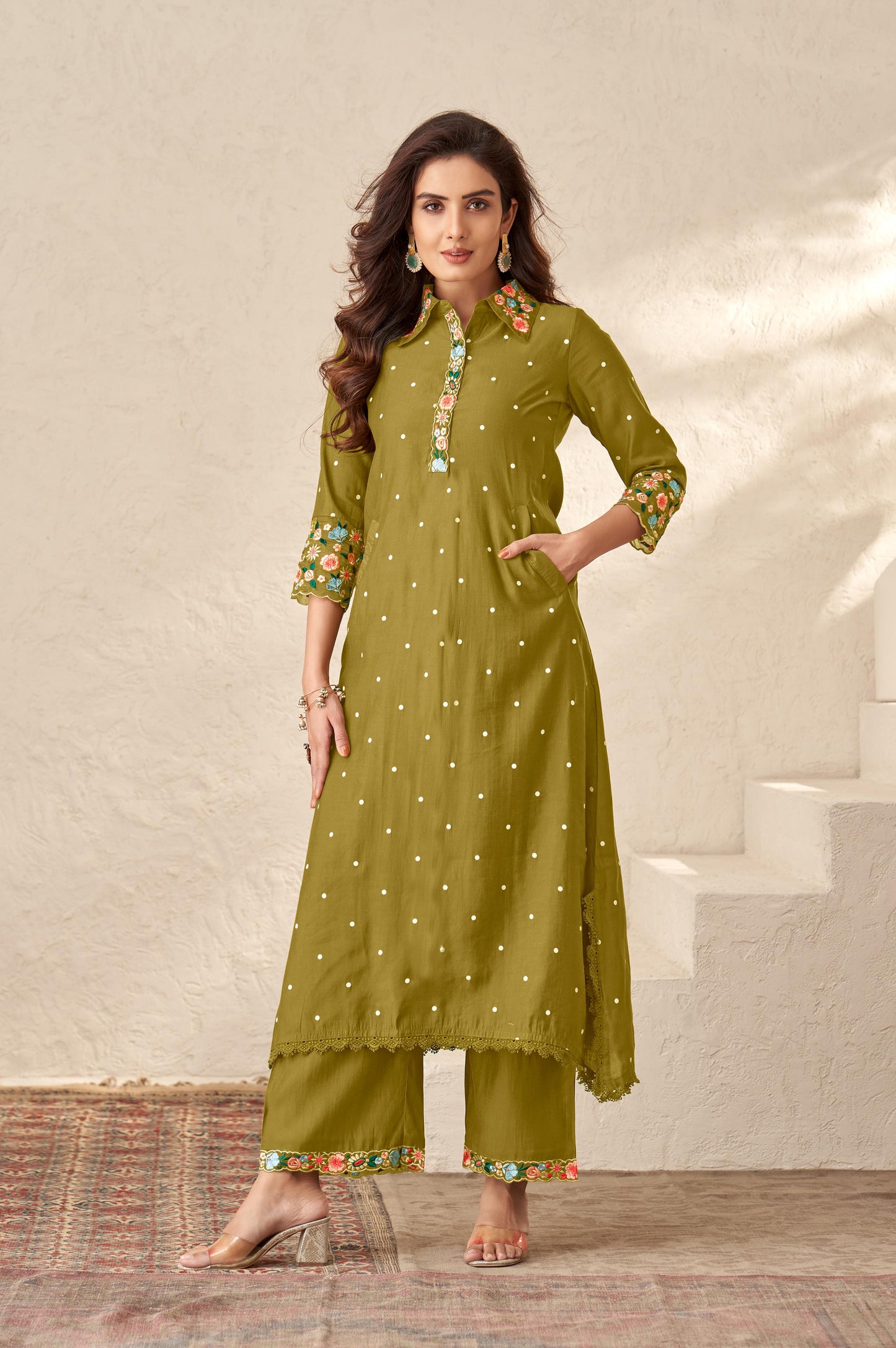Olive Green Floral Embroidered Regular Thread Work Kurta with Palazzos