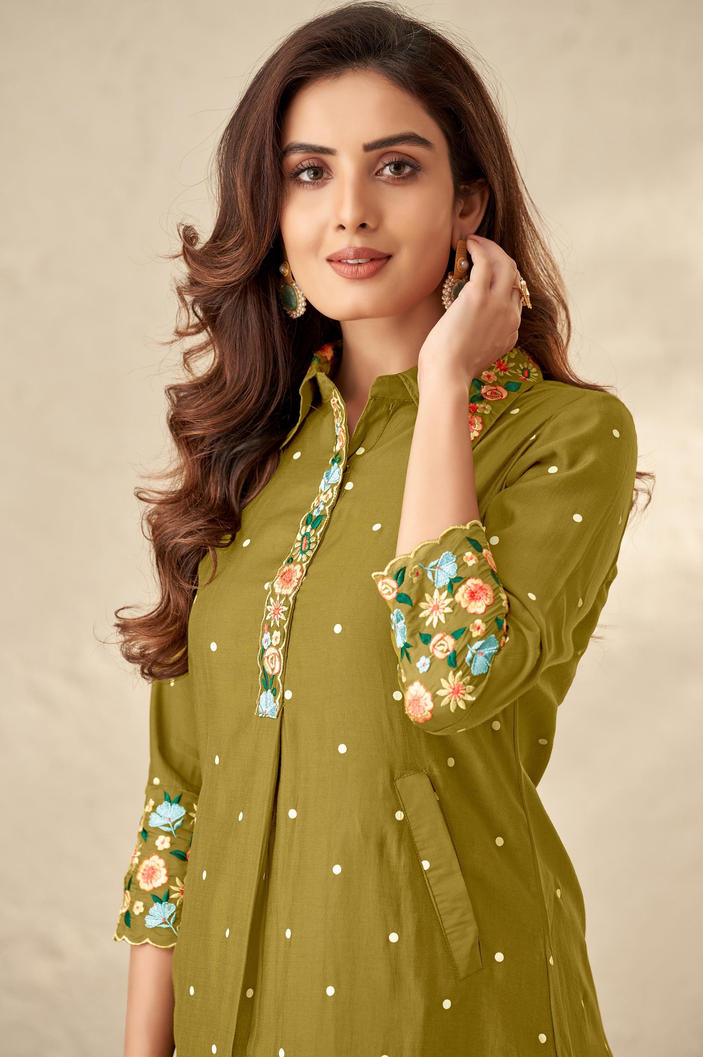 Olive Green Floral Embroidered Regular Thread Work Kurta with Palazzos