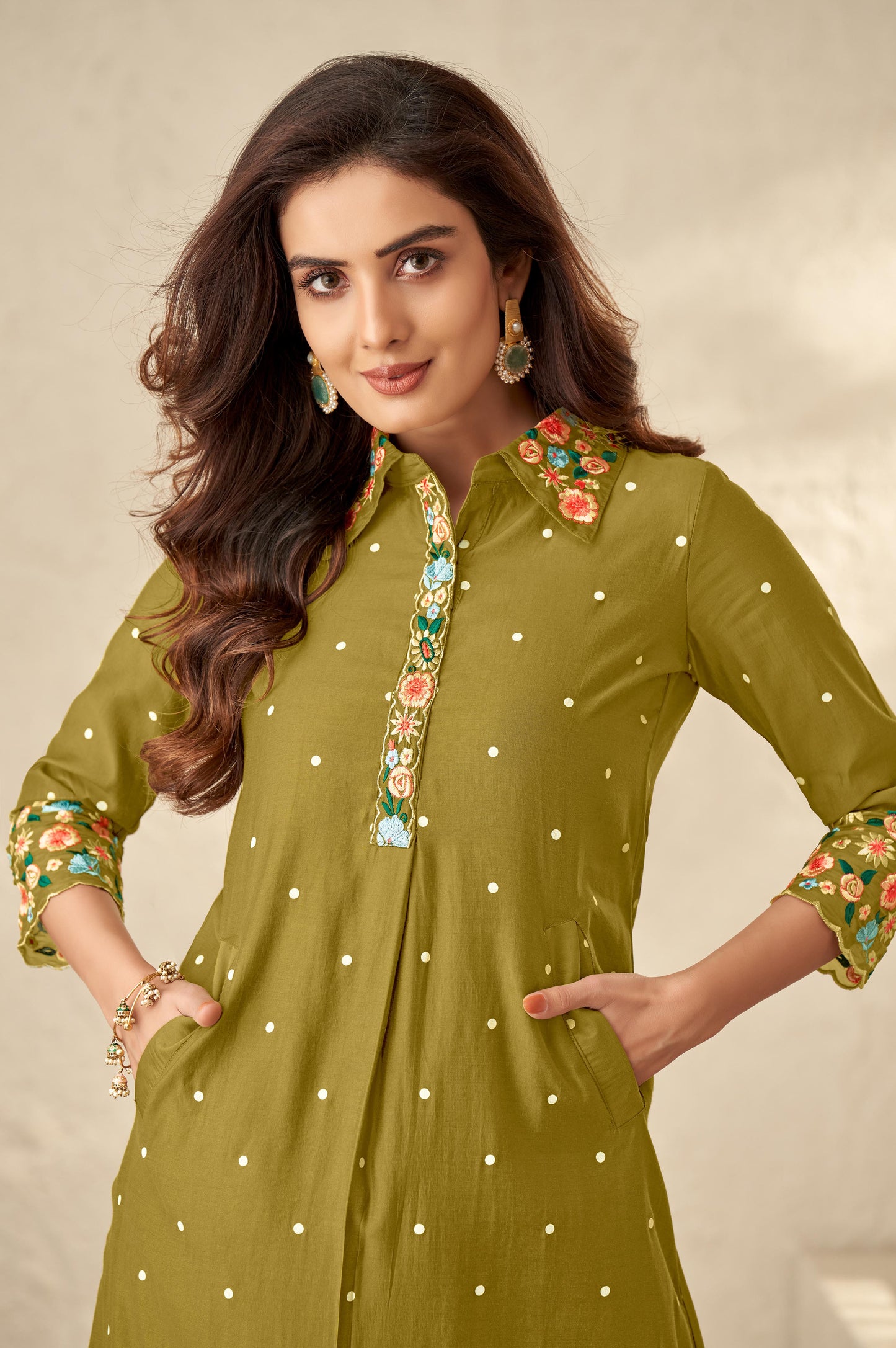 Olive Green Floral Embroidered Regular Thread Work Kurta with Palazzos