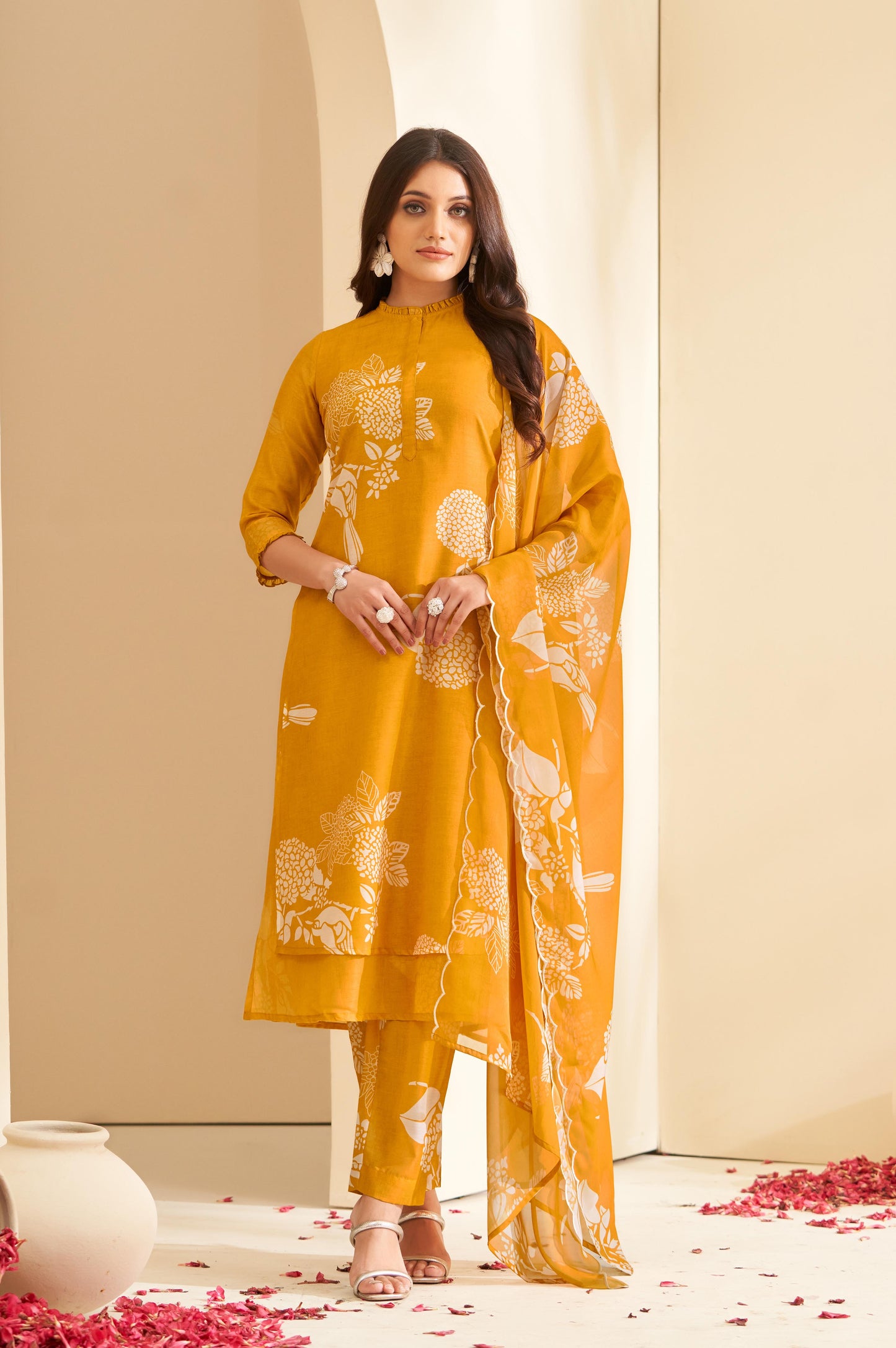 Mustard Floral Printed Mandarin Collar Straight Kurta with Palazzos & Dupatta