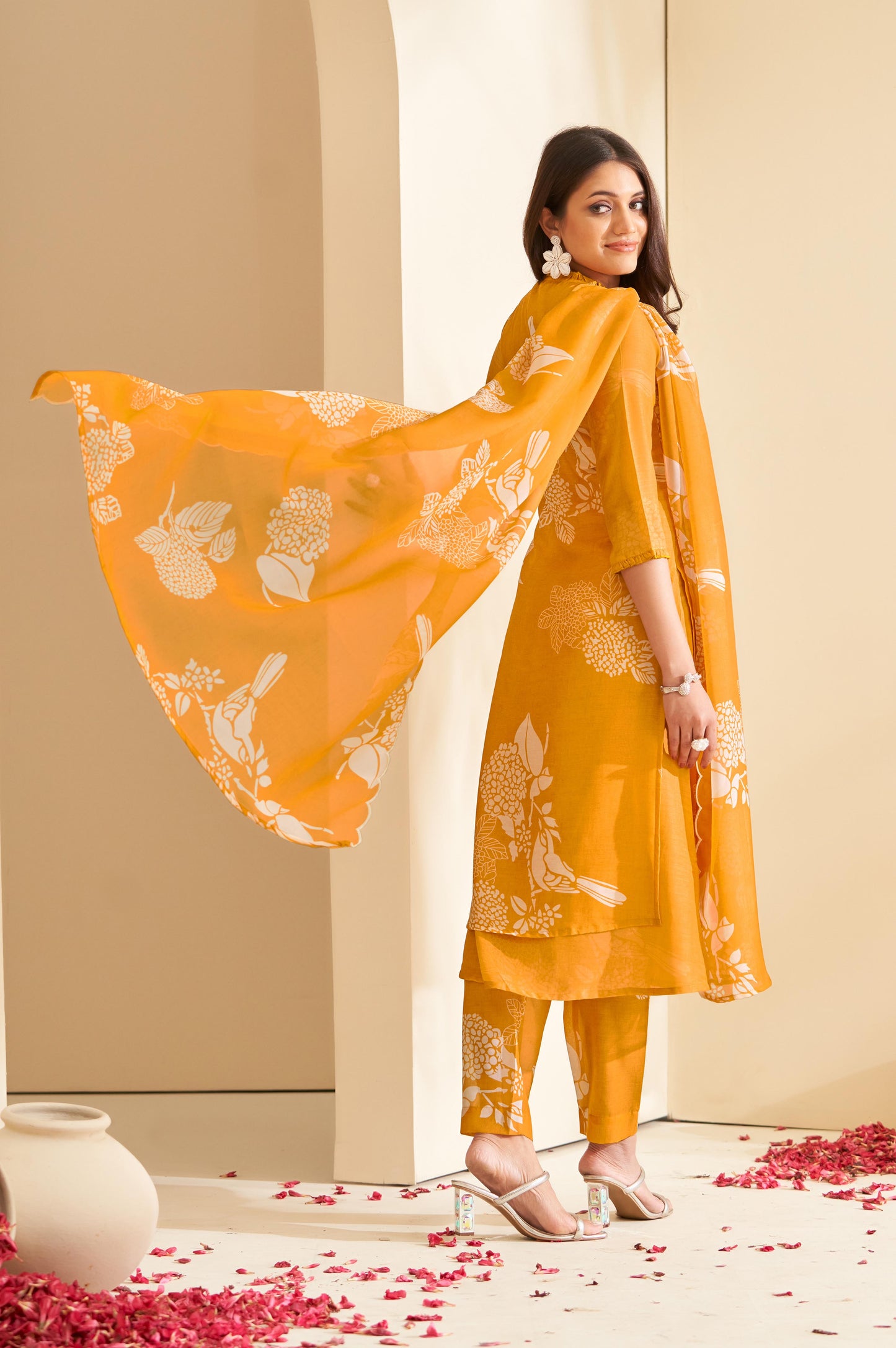 Mustard Floral Printed Mandarin Collar Straight Kurta with Palazzos & Dupatta