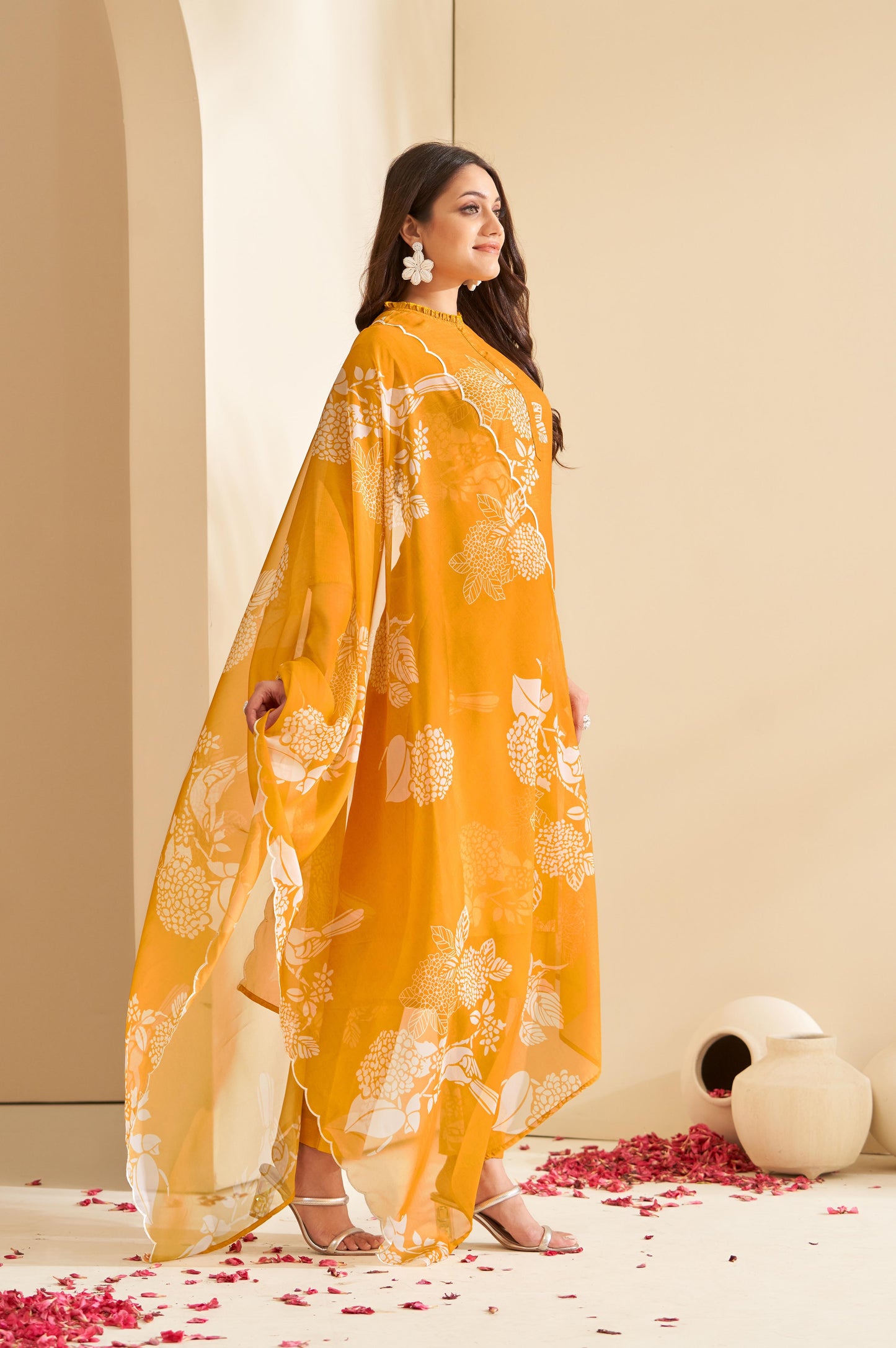 Mustard Floral Printed Mandarin Collar Straight Kurta with Palazzos & Dupatta