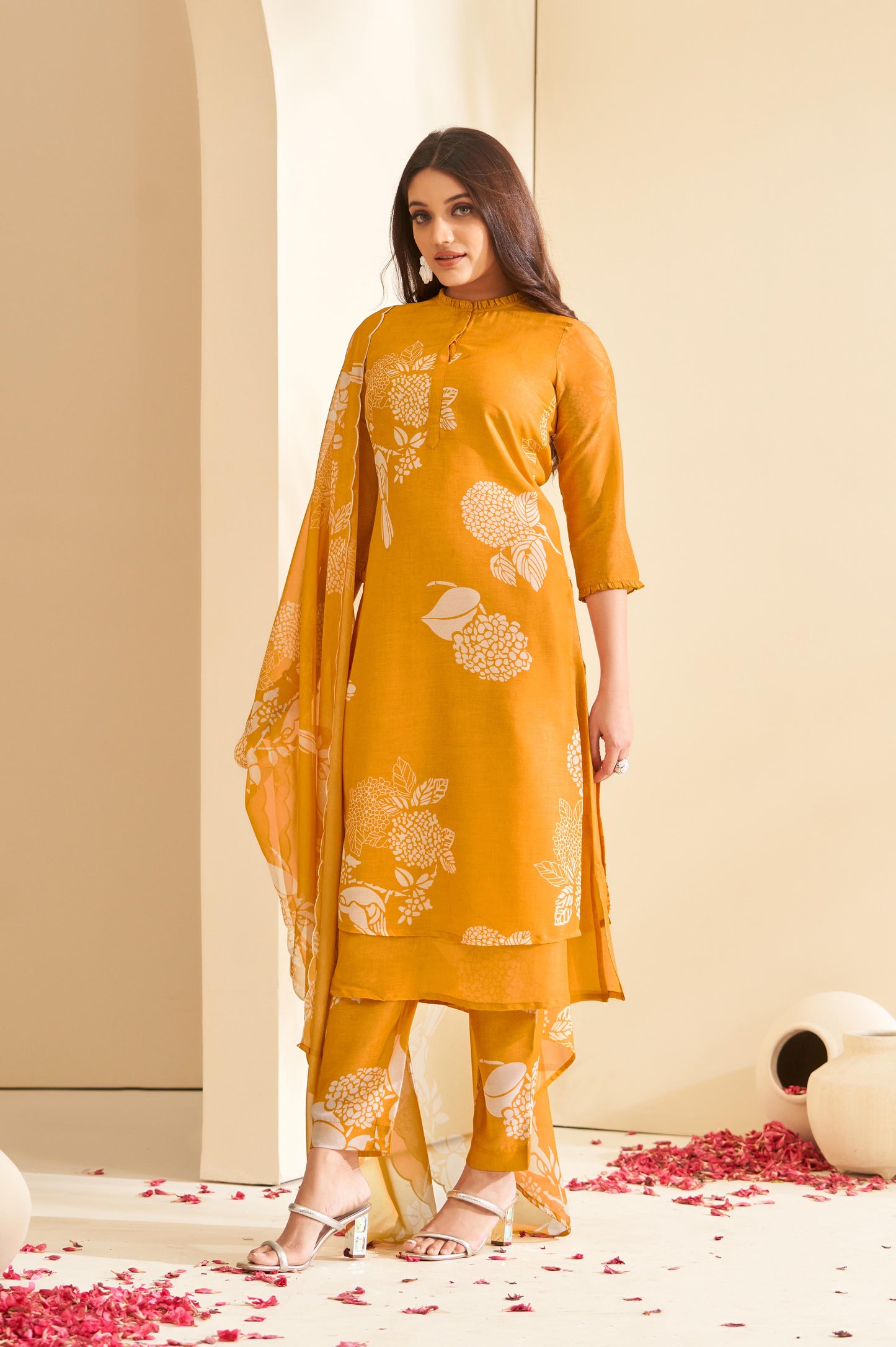 Mustard Floral Printed Mandarin Collar Straight Kurta with Palazzos & Dupatta