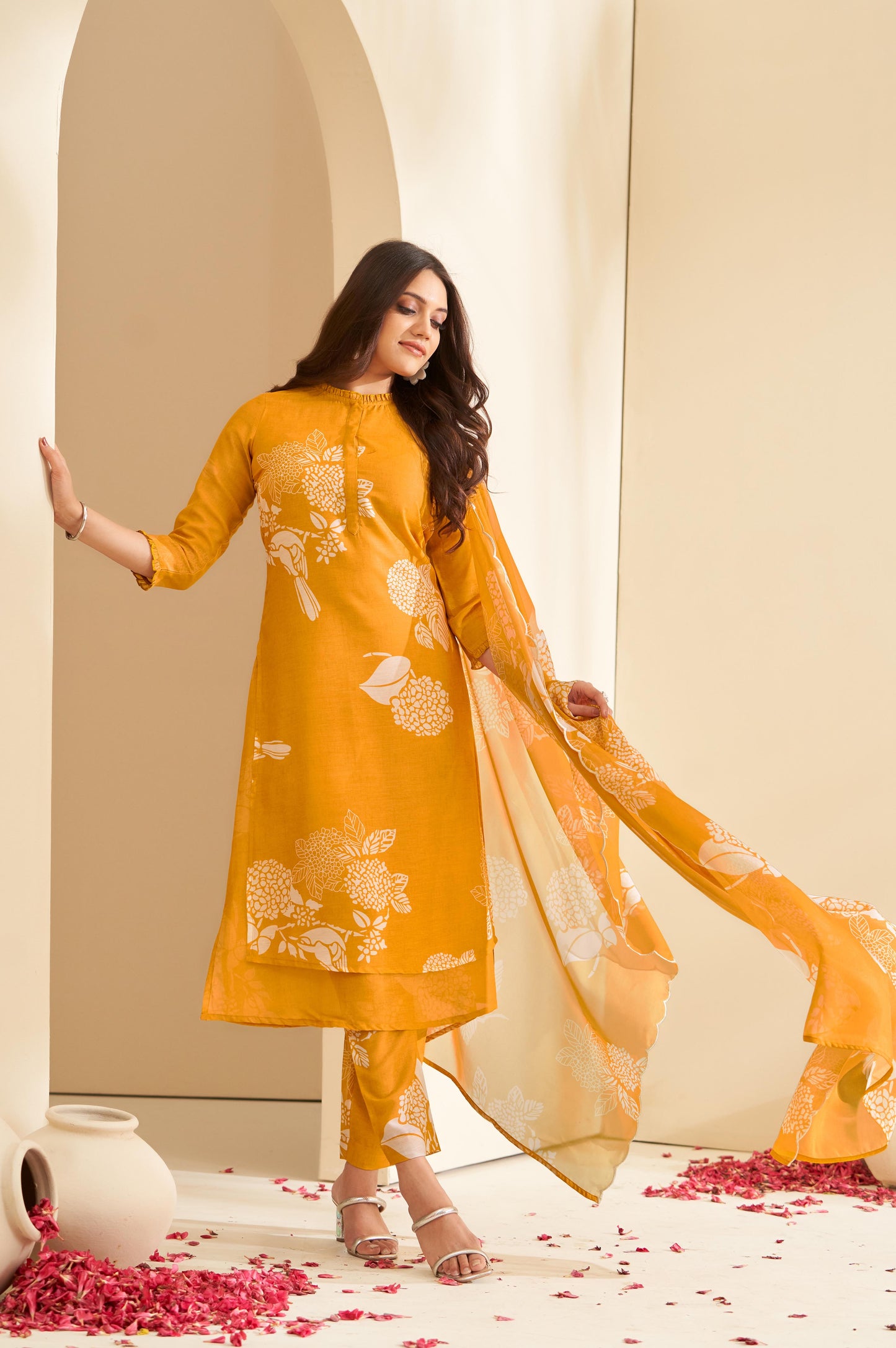 Mustard Floral Printed Mandarin Collar Straight Kurta with Palazzos & Dupatta