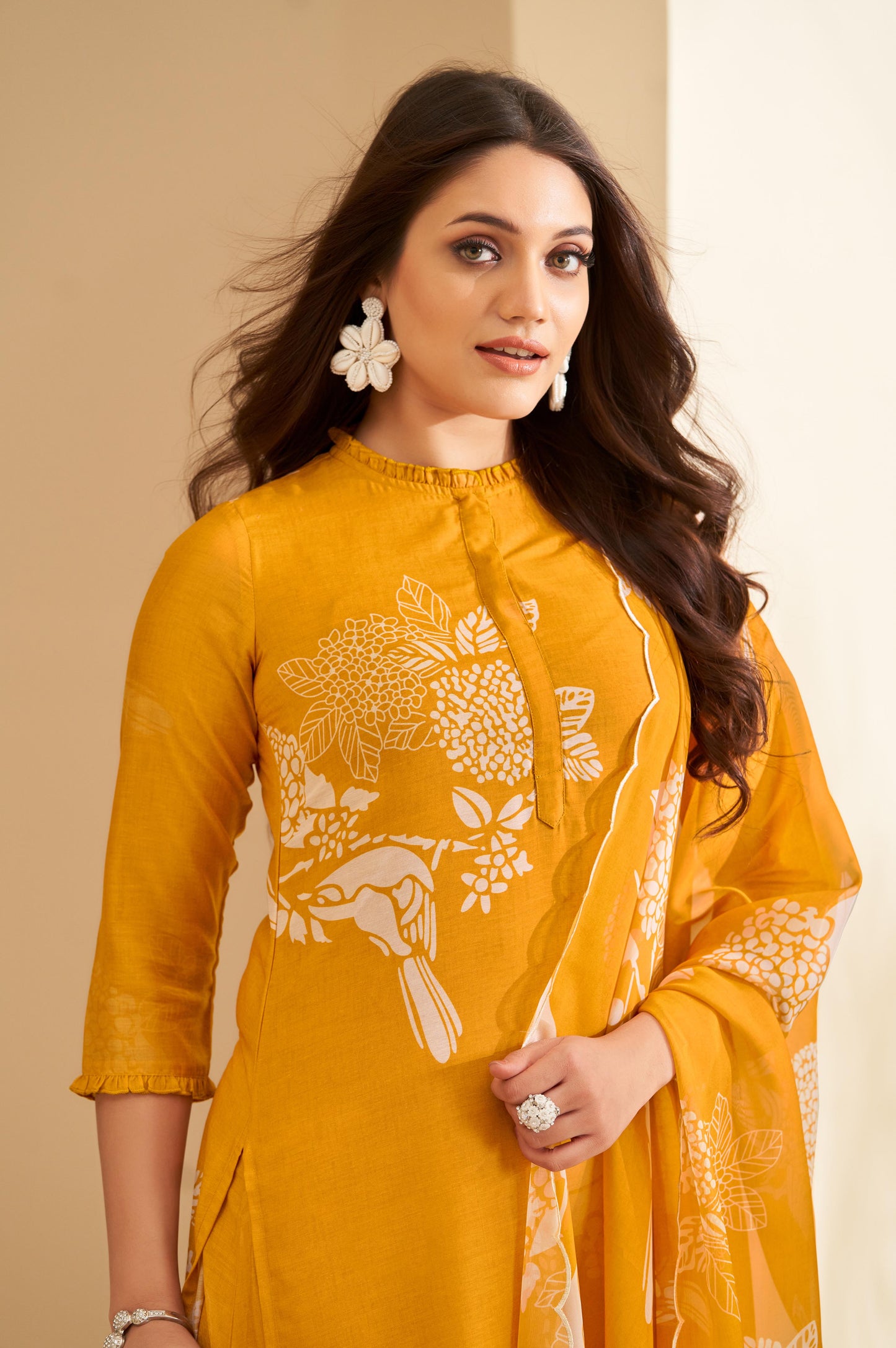 Mustard Floral Printed Mandarin Collar Straight Kurta with Palazzos & Dupatta