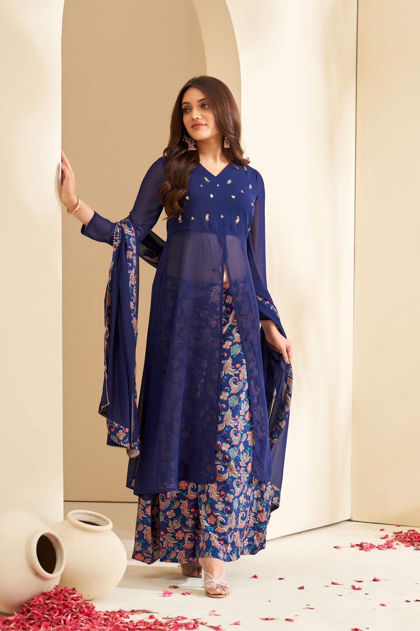 Navy Blue Floral Embroidered V-Neck A-Line Kurta with Palazzos & Dupatta