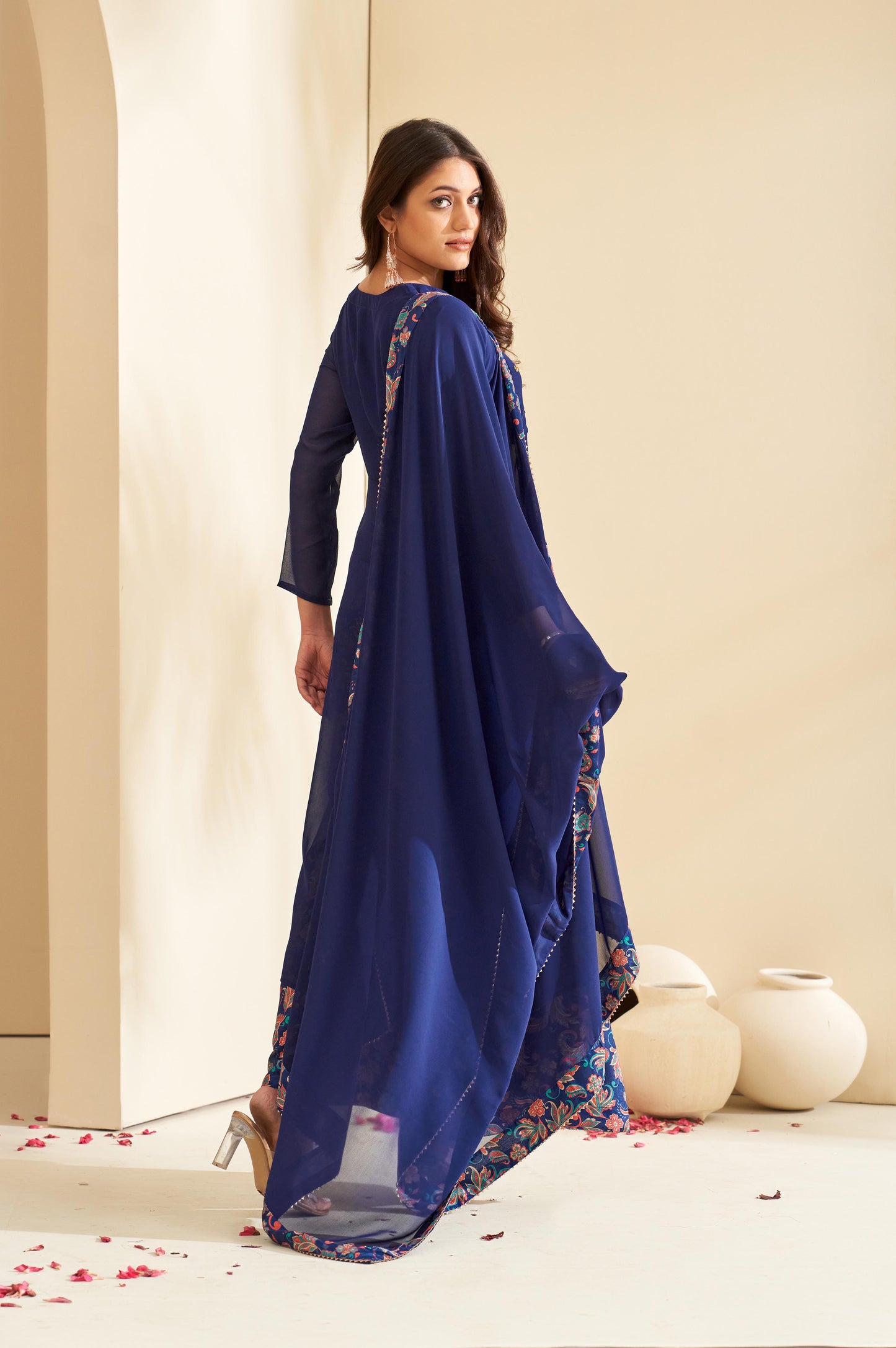 Navy Blue Floral Embroidered V-Neck A-Line Kurta with Palazzos & Dupatta