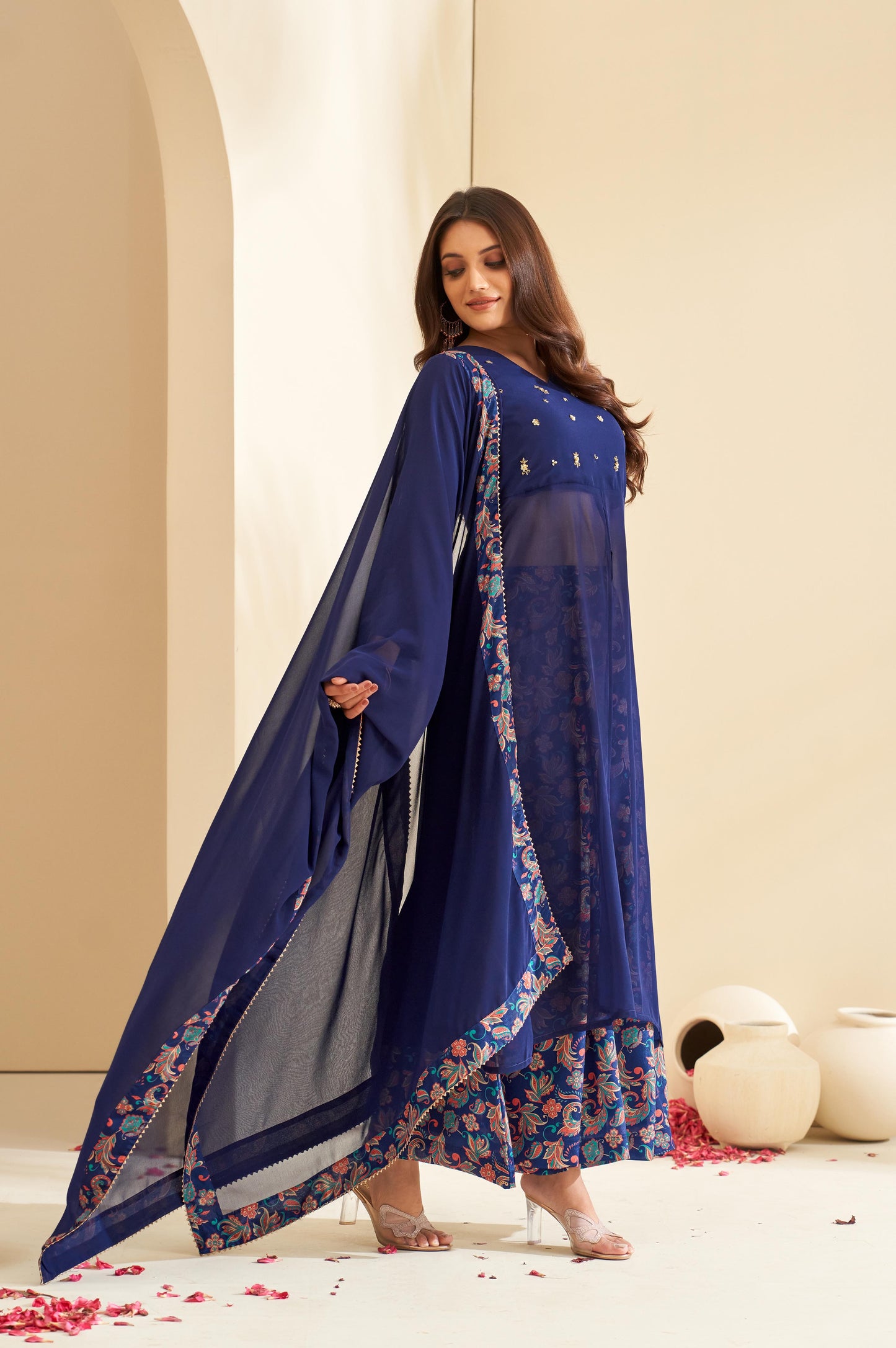 Navy Blue Floral Embroidered V-Neck A-Line Kurta with Palazzos & Dupatta