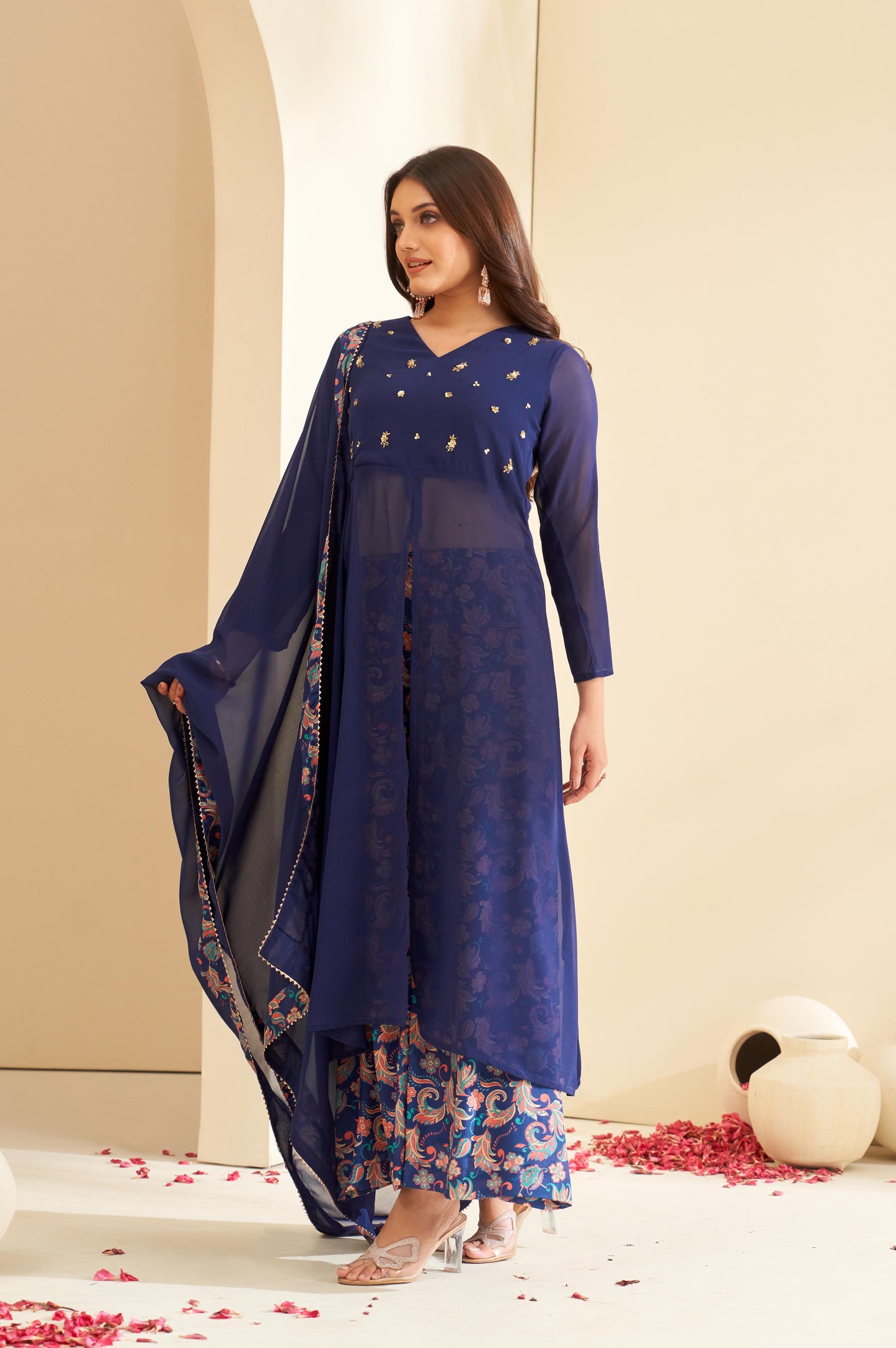 Navy Blue Floral Embroidered V-Neck A-Line Kurta with Palazzos & Dupatta