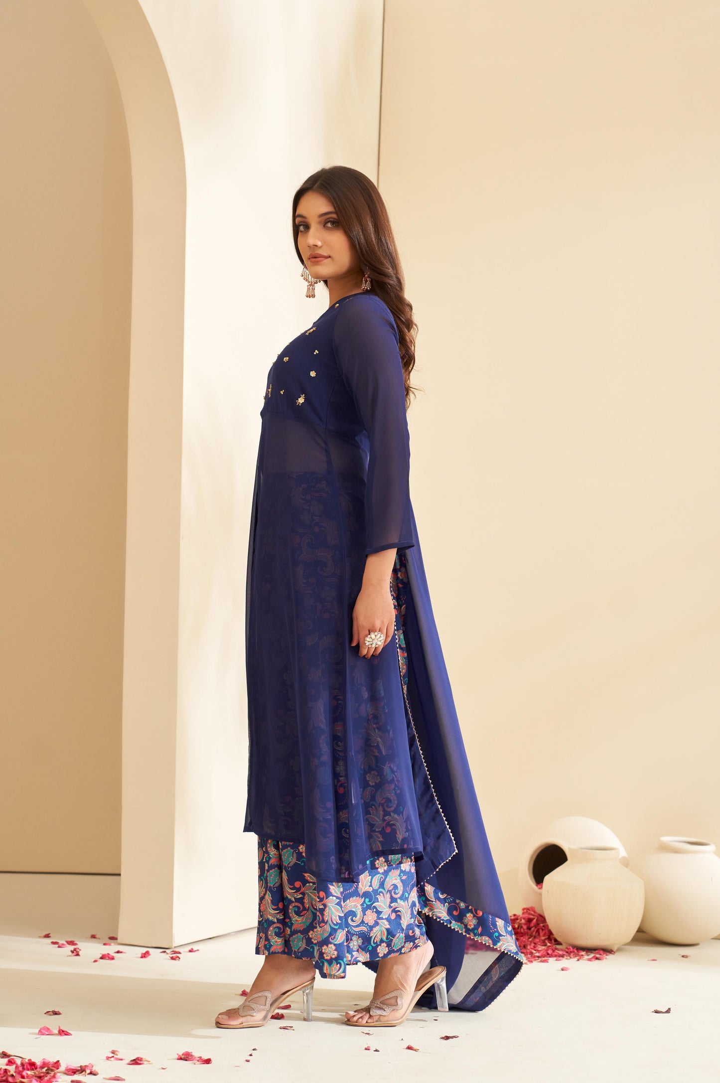 Navy Blue Floral Embroidered V-Neck A-Line Kurta with Palazzos & Dupatta