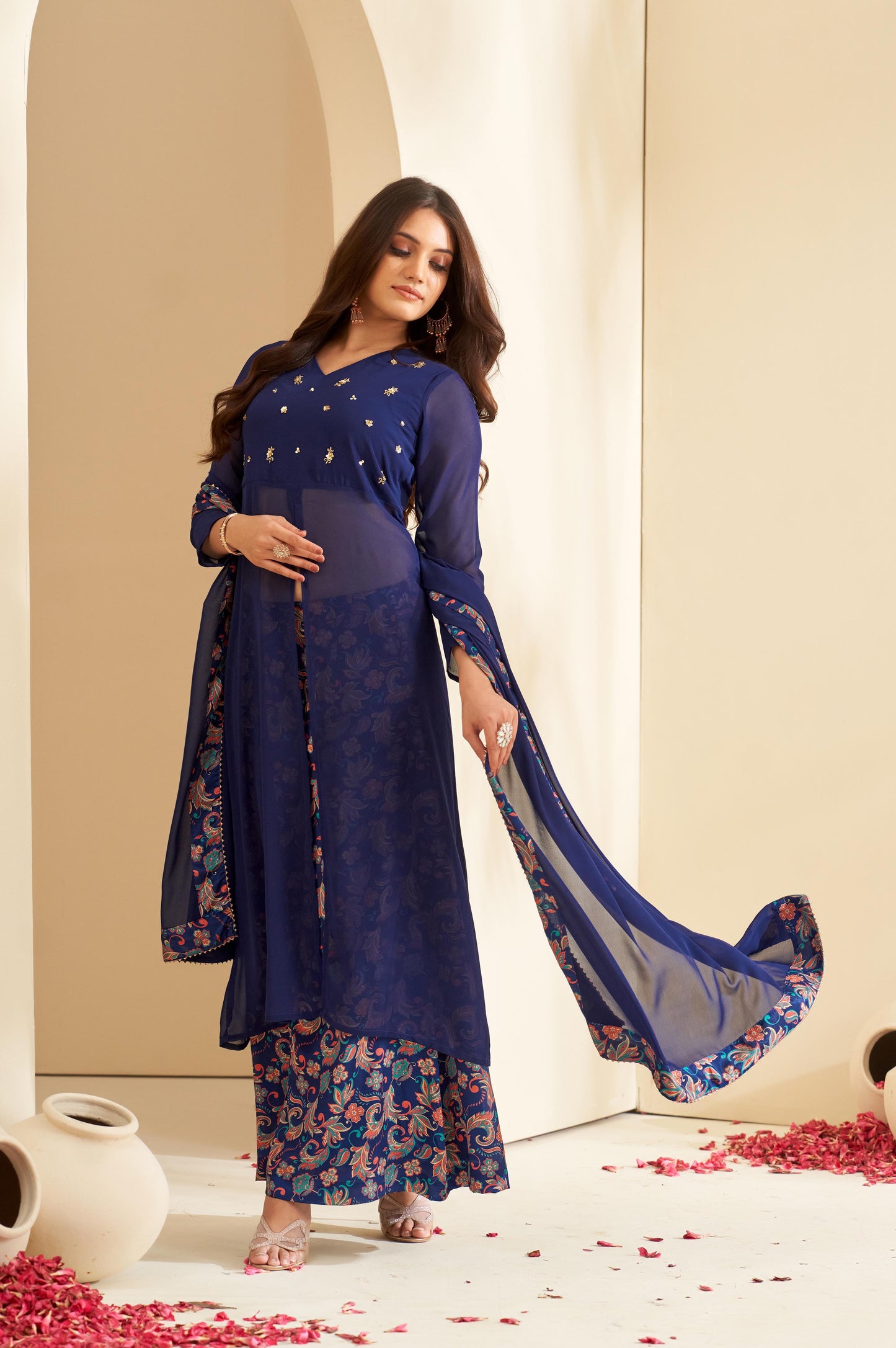 Navy Blue Floral Embroidered V-Neck A-Line Kurta with Palazzos & Dupatta