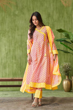 Yellow Floral Printed Cotton Angrakha Kurta with Gotapati Work Trousers Dupatta