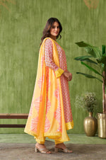Yellow Floral Printed Cotton Angrakha Kurta with Gotapati Work Trousers Dupatta