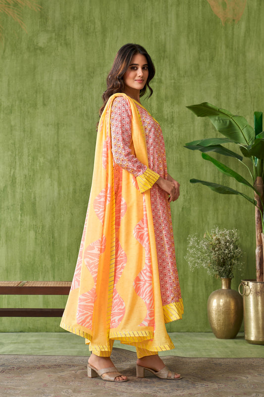 Yellow Floral Printed Cotton Angrakha Kurta with Gotapati Work Trousers Dupatta