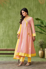 Yellow Floral Printed Cotton Angrakha Kurta with Gotapati Work Trousers Dupatta