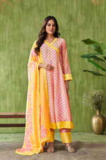 Yellow Floral Printed Cotton Angrakha Kurta with Gotapati Work Trousers Dupatta