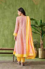 Yellow Floral Printed Cotton Angrakha Kurta with Gotapati Work Trousers Dupatta