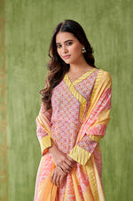 Yellow Floral Printed Cotton Angrakha Kurta with Gotapati Work Trousers Dupatta