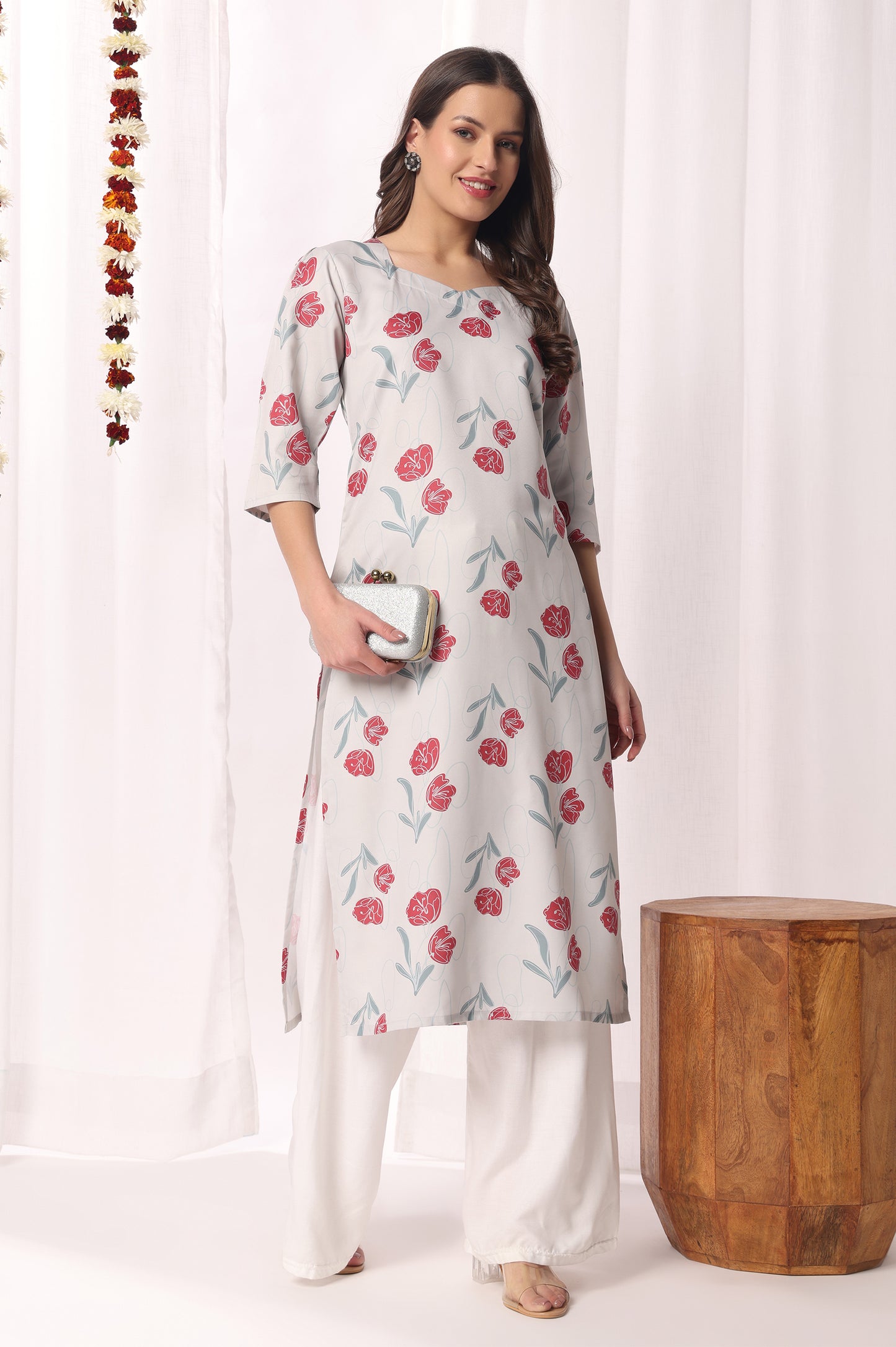 Light Grey Cotton Blend Floral Printed Kurta For Women