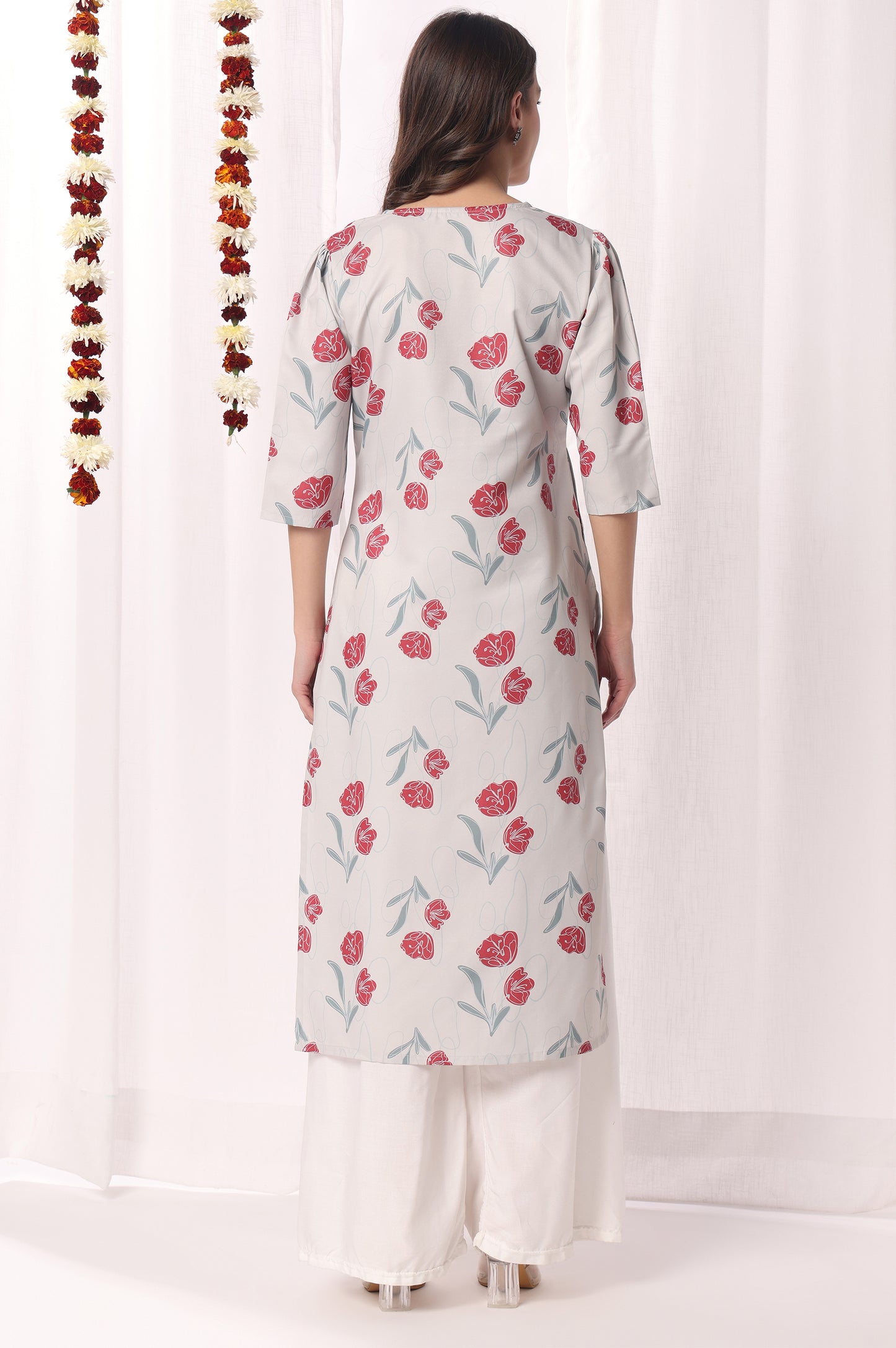 Light Grey Cotton Blend Floral Printed Kurta For Women