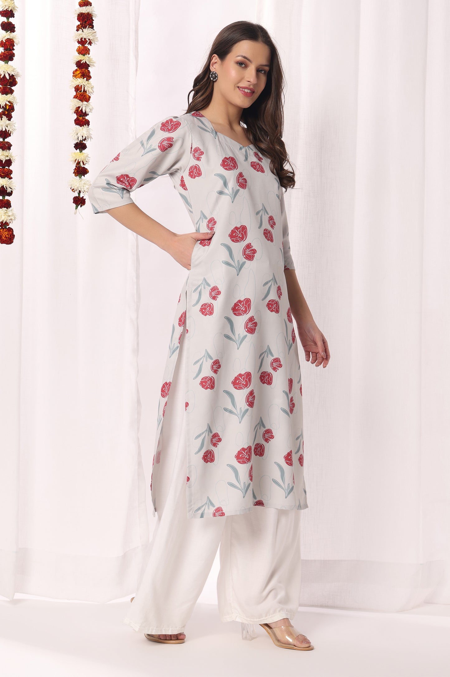 Light Grey Cotton Blend Floral Printed Kurta For Women