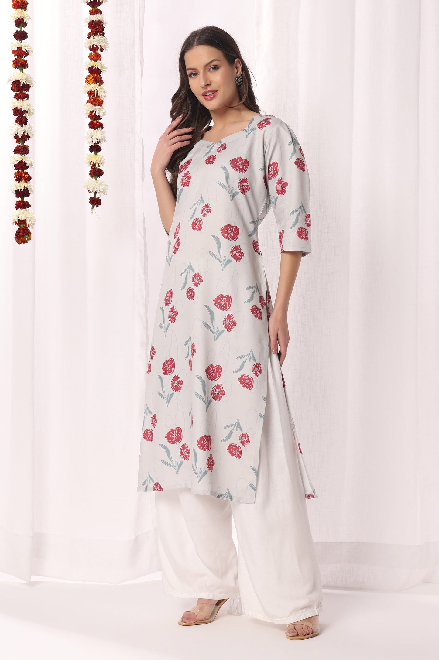 Light Grey Cotton Blend Floral Printed Kurta For Women