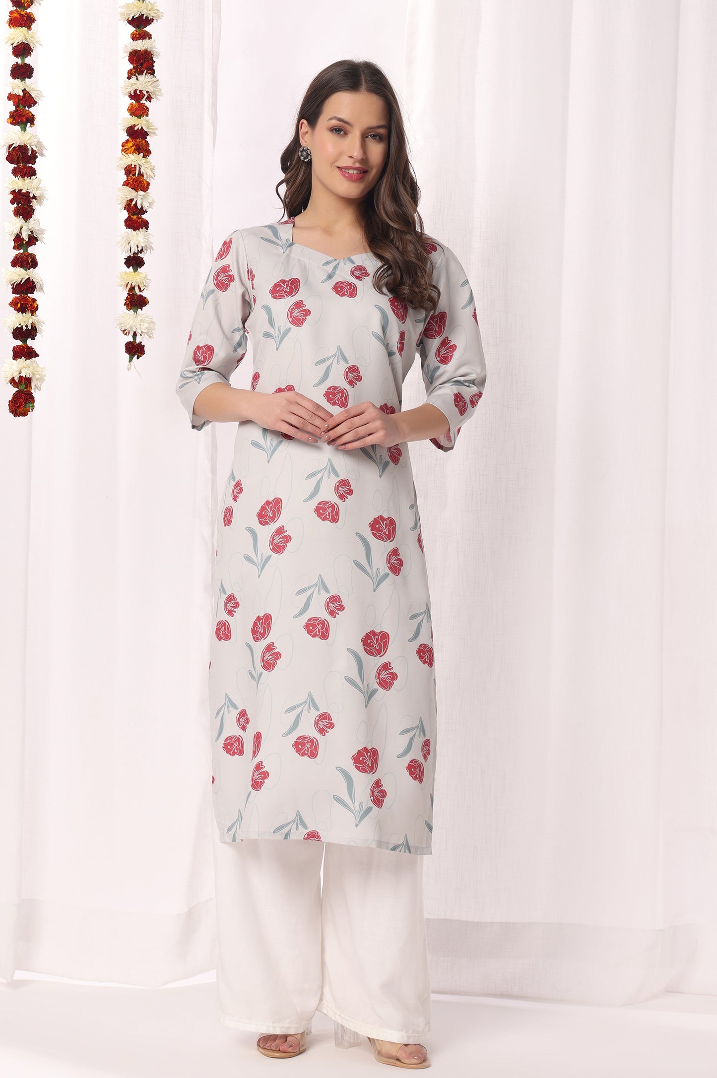 Light Grey Cotton Blend Floral Printed Kurta For Women