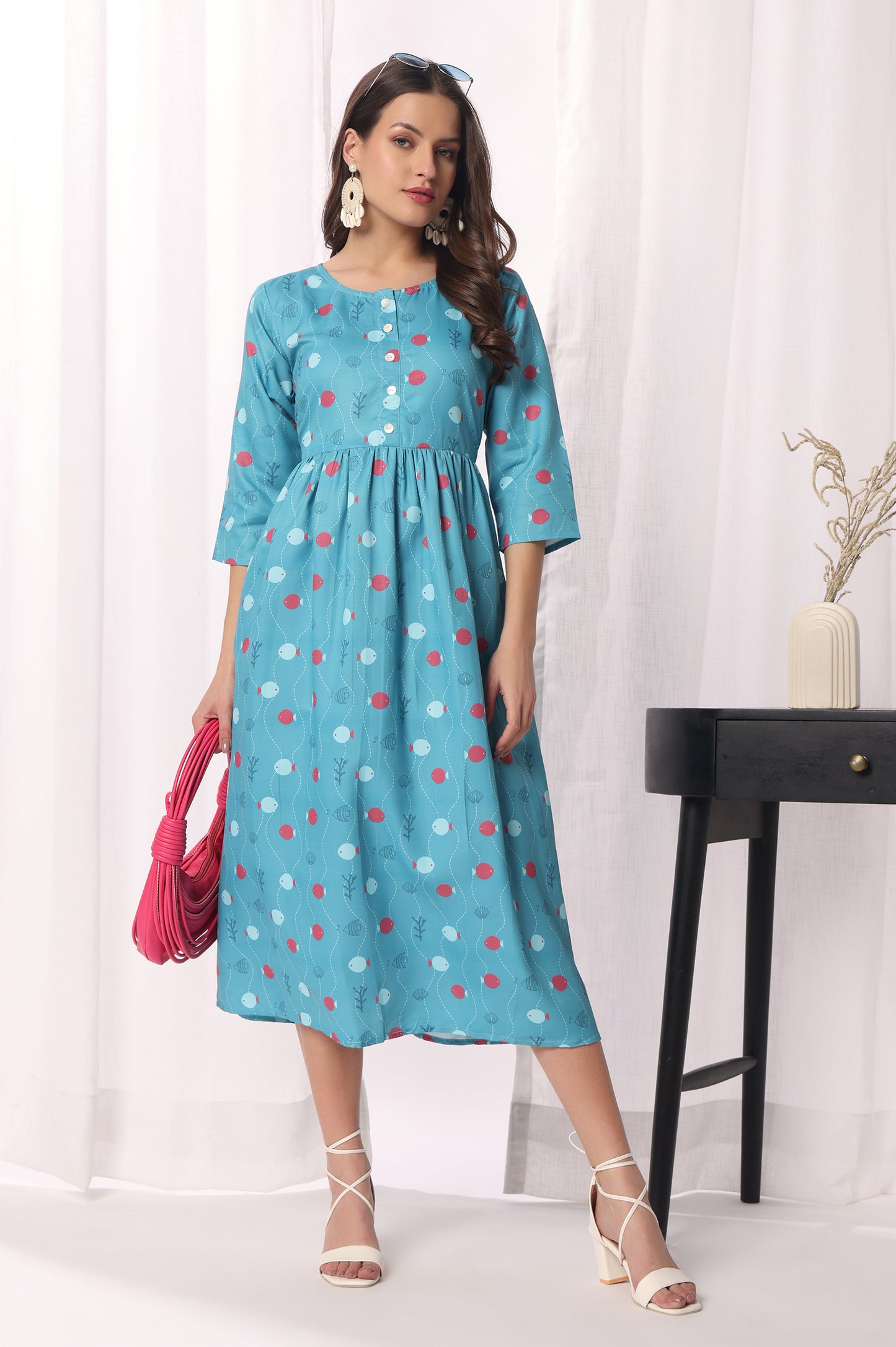 Sky Blue Cotton Blend Floral Printed Kurta For Women
