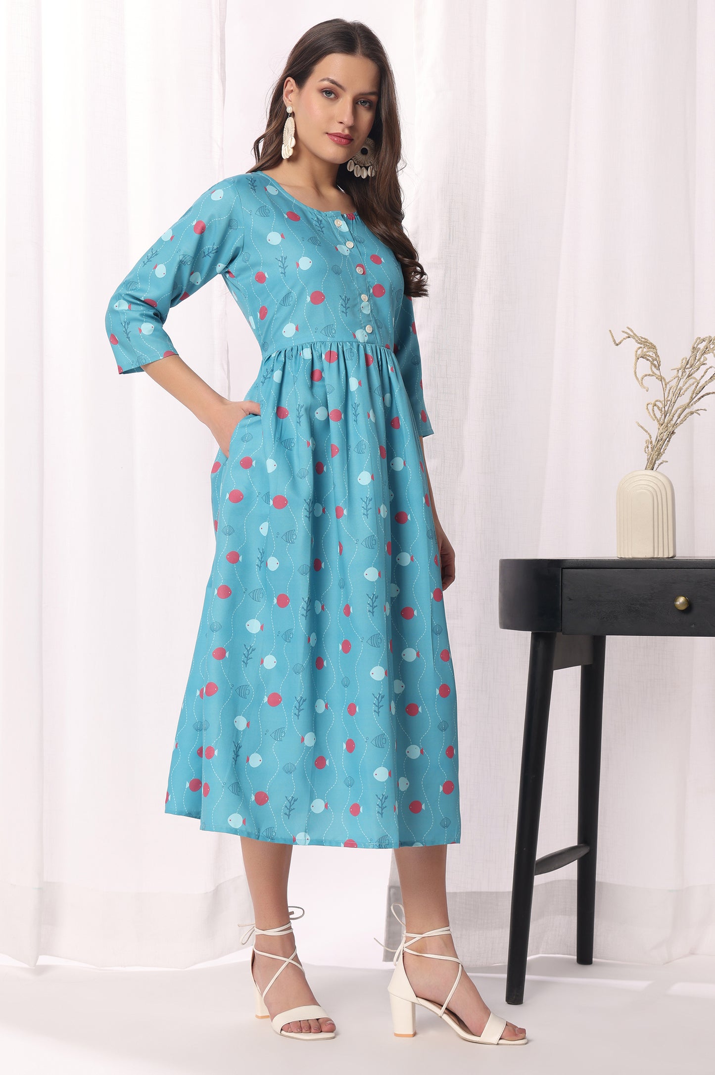 Sky Blue Cotton Blend Floral Printed Kurta For Women