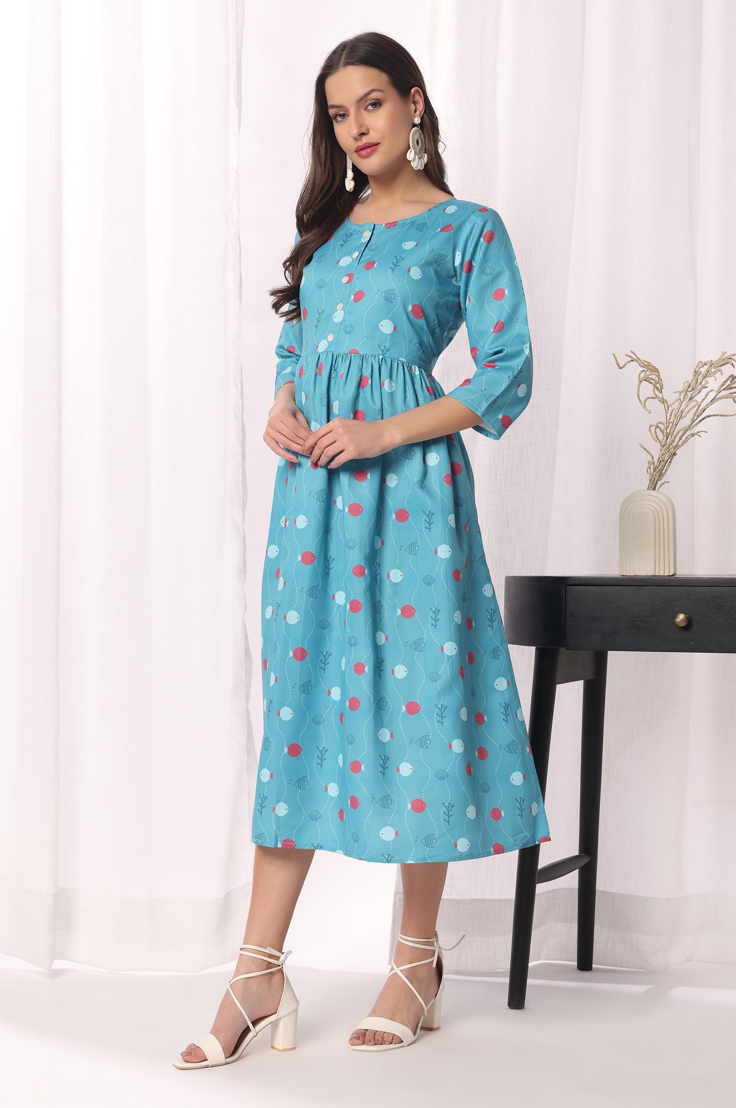 Sky Blue Cotton Blend Floral Printed Kurta For Women