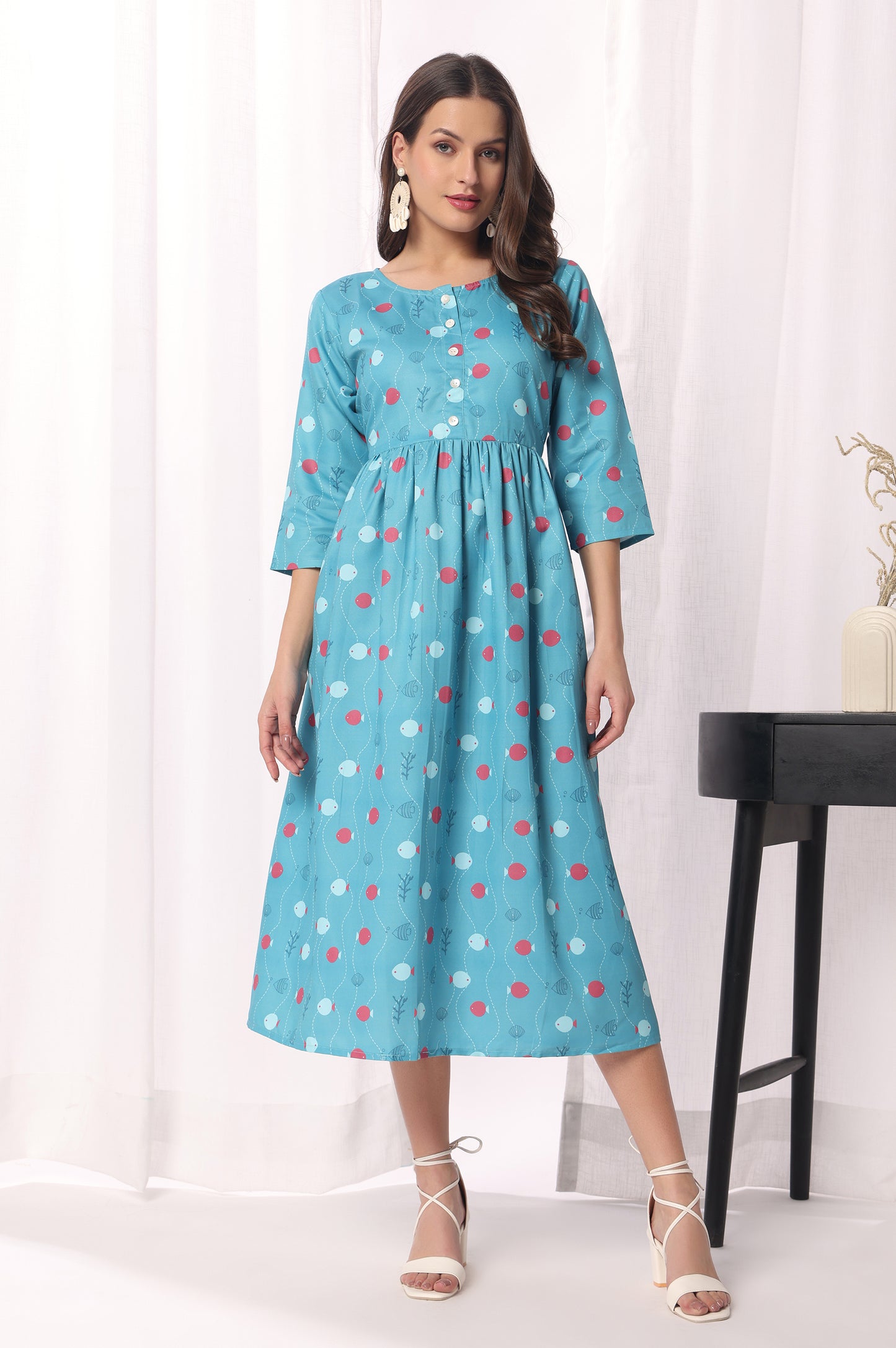 Sky Blue Cotton Blend Floral Printed Kurta For Women