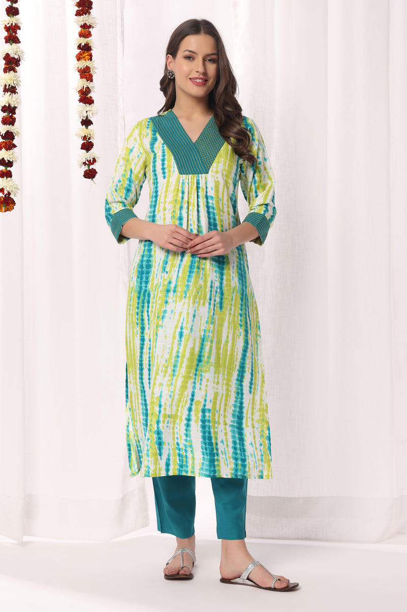 Green Cotton Blend Printed & Embroidered V Neck Kurta Set
