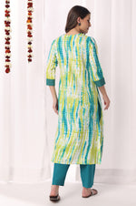 Green Cotton Blend Printed & Embroidered V Neck Kurta Set