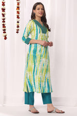 Green Cotton Blend Printed & Embroidered V Neck Kurta Set