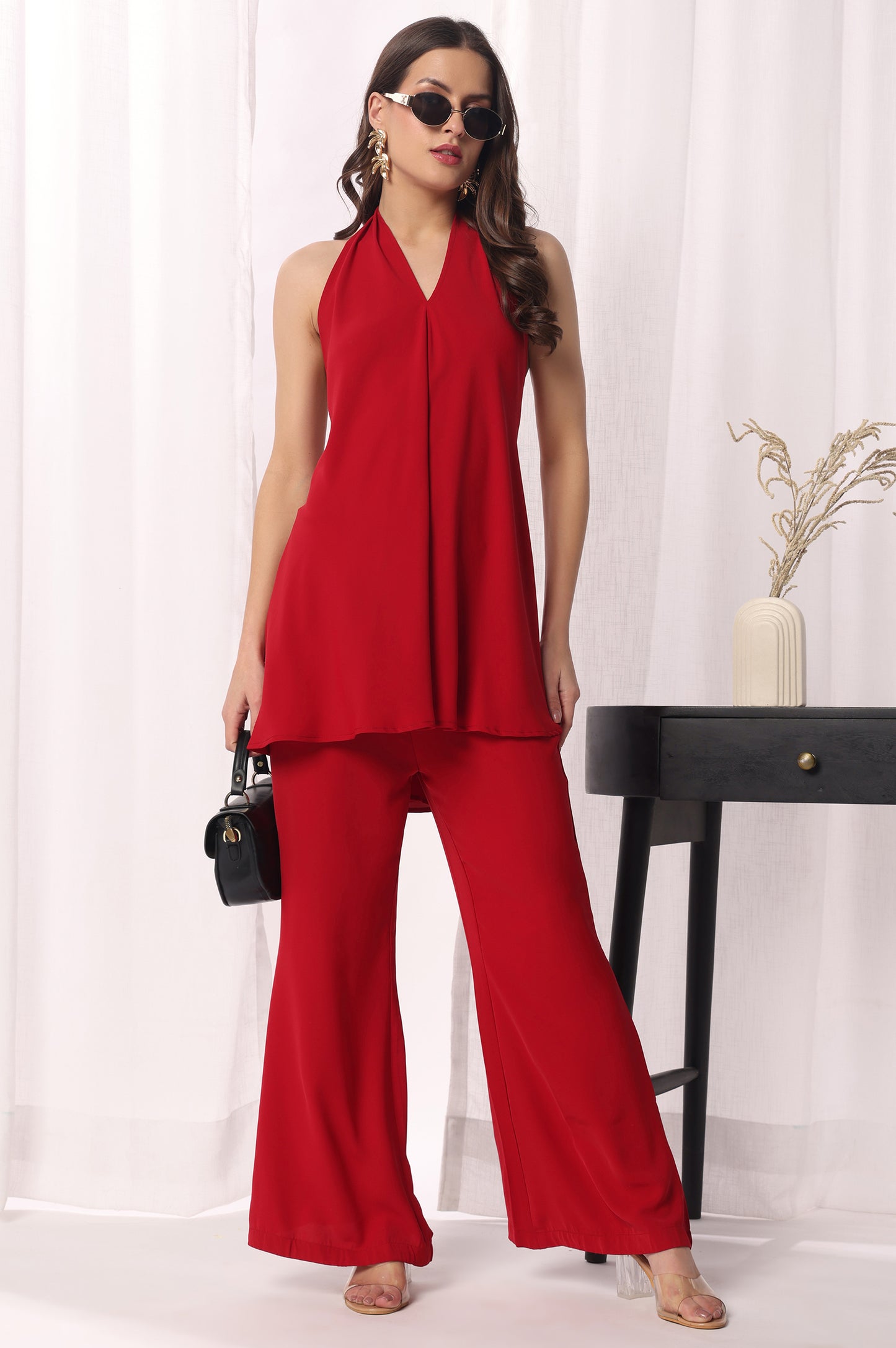 Red Solid Poly Blend Co-ord Set For Women