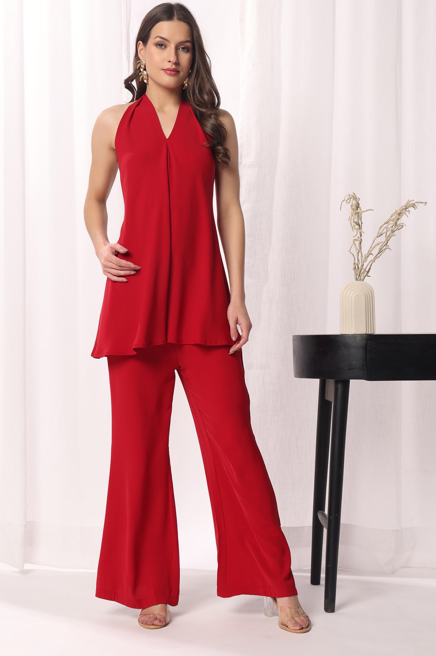 Red Solid Poly Blend Co-ord Set For Women
