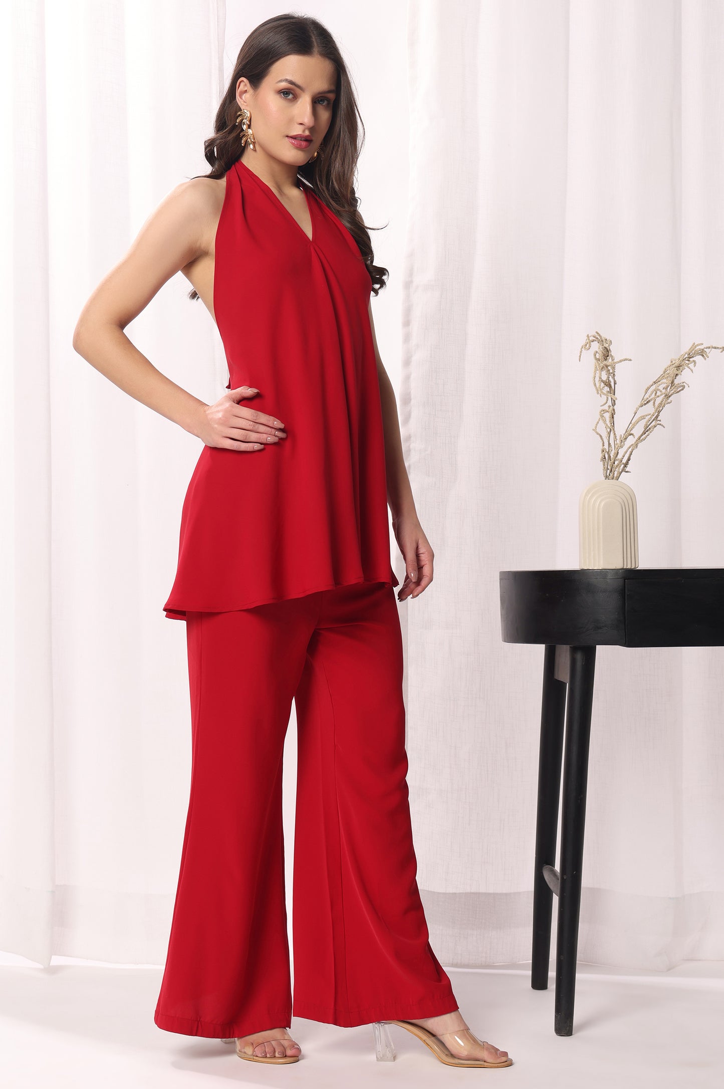 Red Solid Poly Blend Co-ord Set For Women