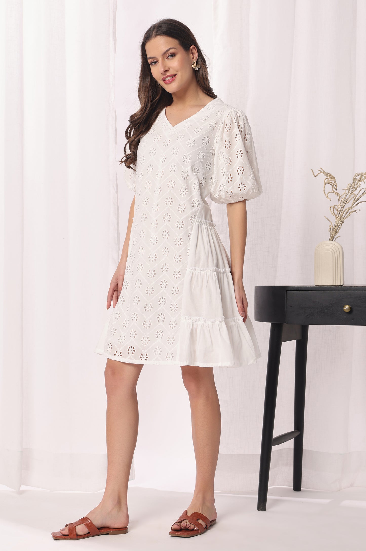 White Mal Cotton schiflli Solid Dress For Women
