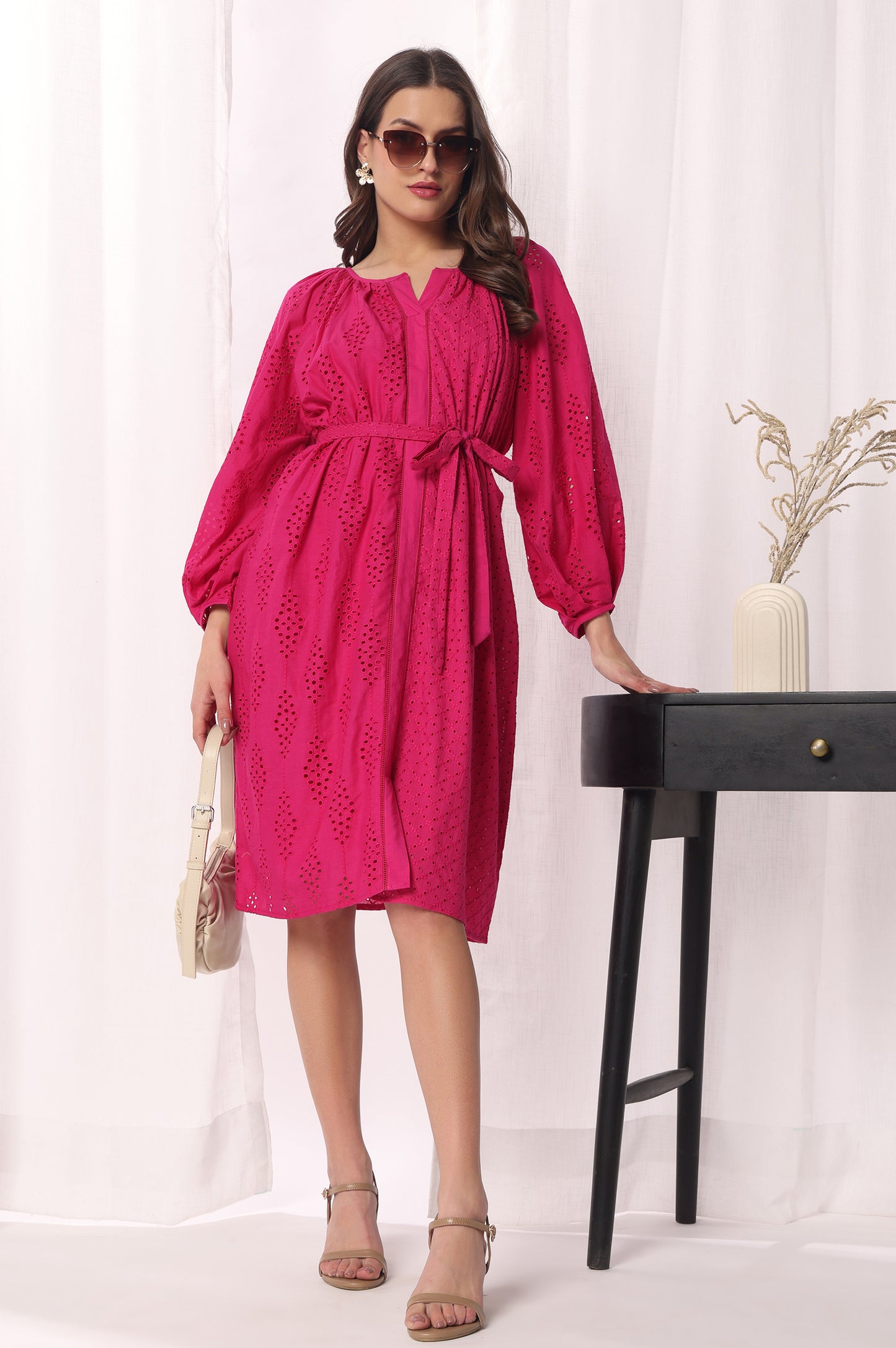 Bright Pink Mal Cotton schiflli Solid Dress For Women