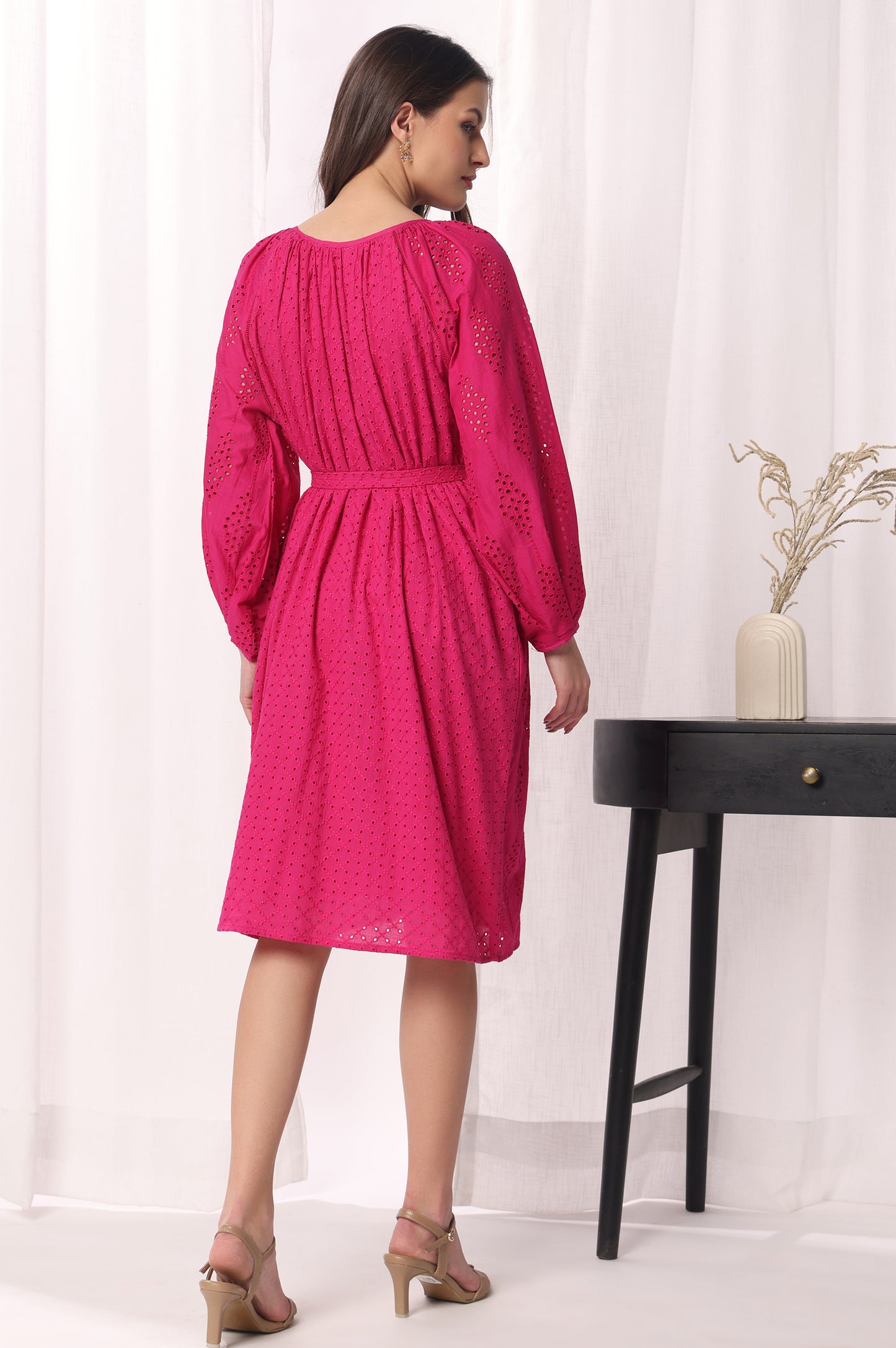 Bright Pink Mal Cotton schiflli Solid Dress For Women
