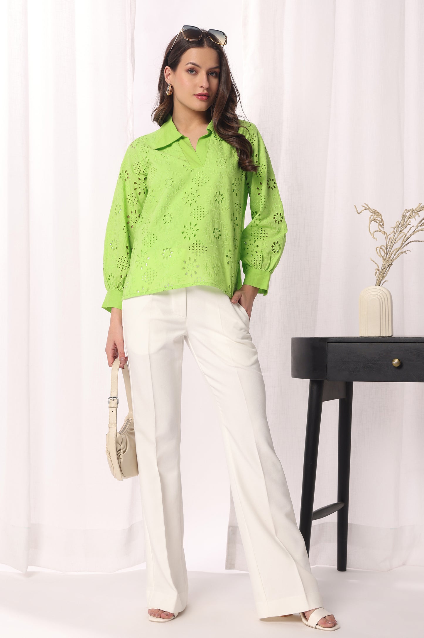 Green Mal Cotton Schiflli Solid Shirt For Women