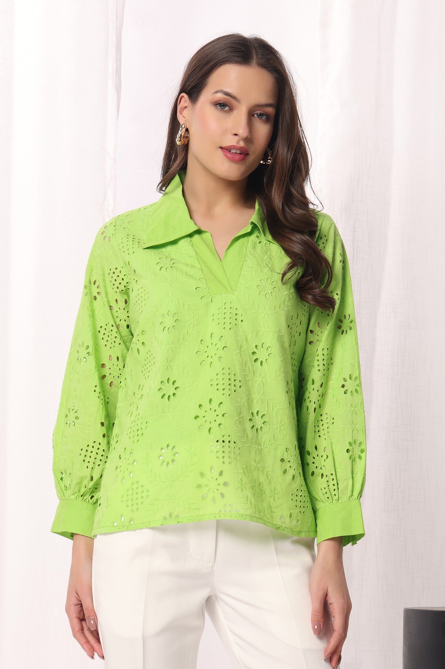 Green Mal Cotton Schiflli Solid Shirt For Women