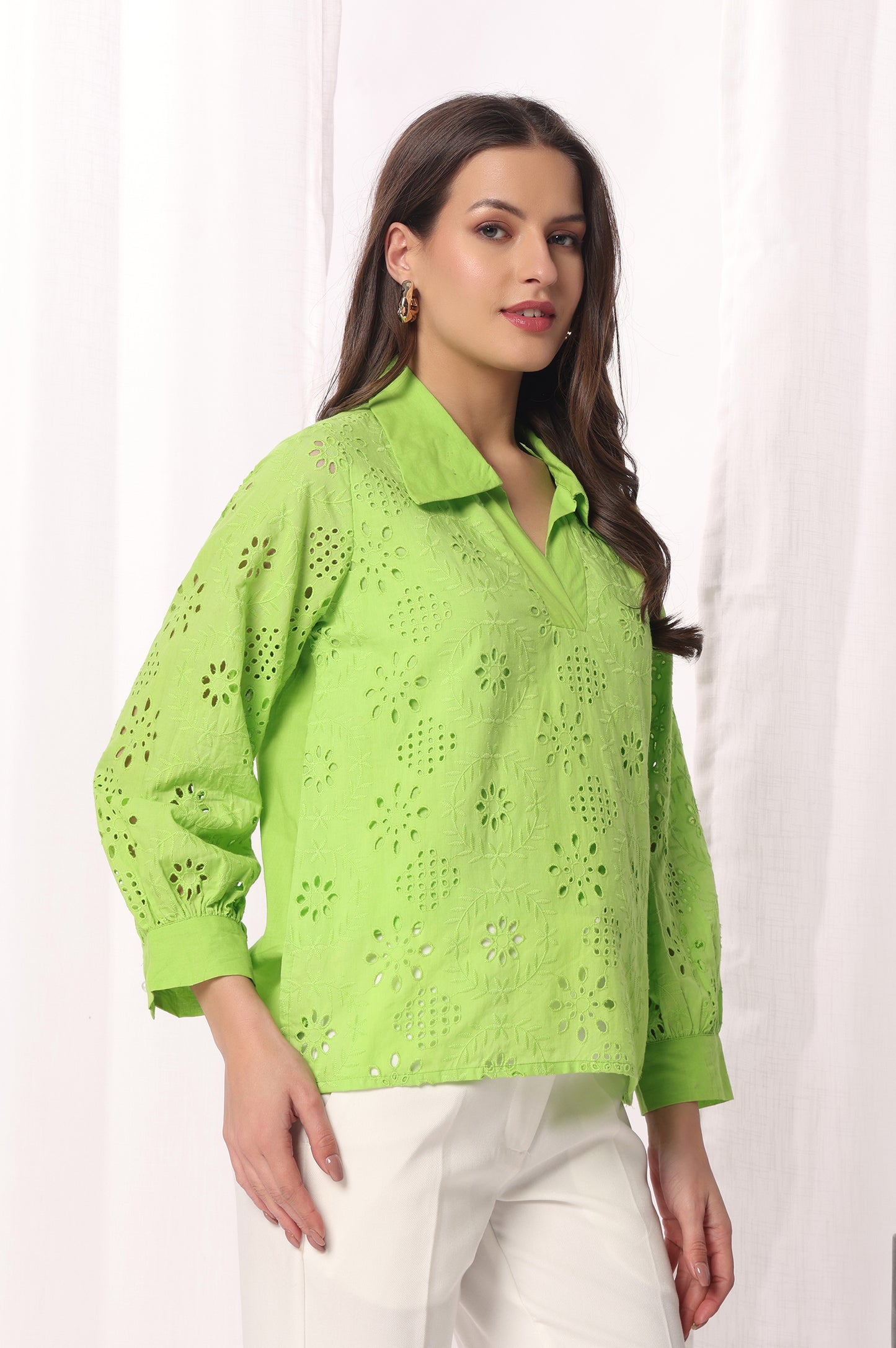 Green Mal Cotton Schiflli Solid Shirt For Women