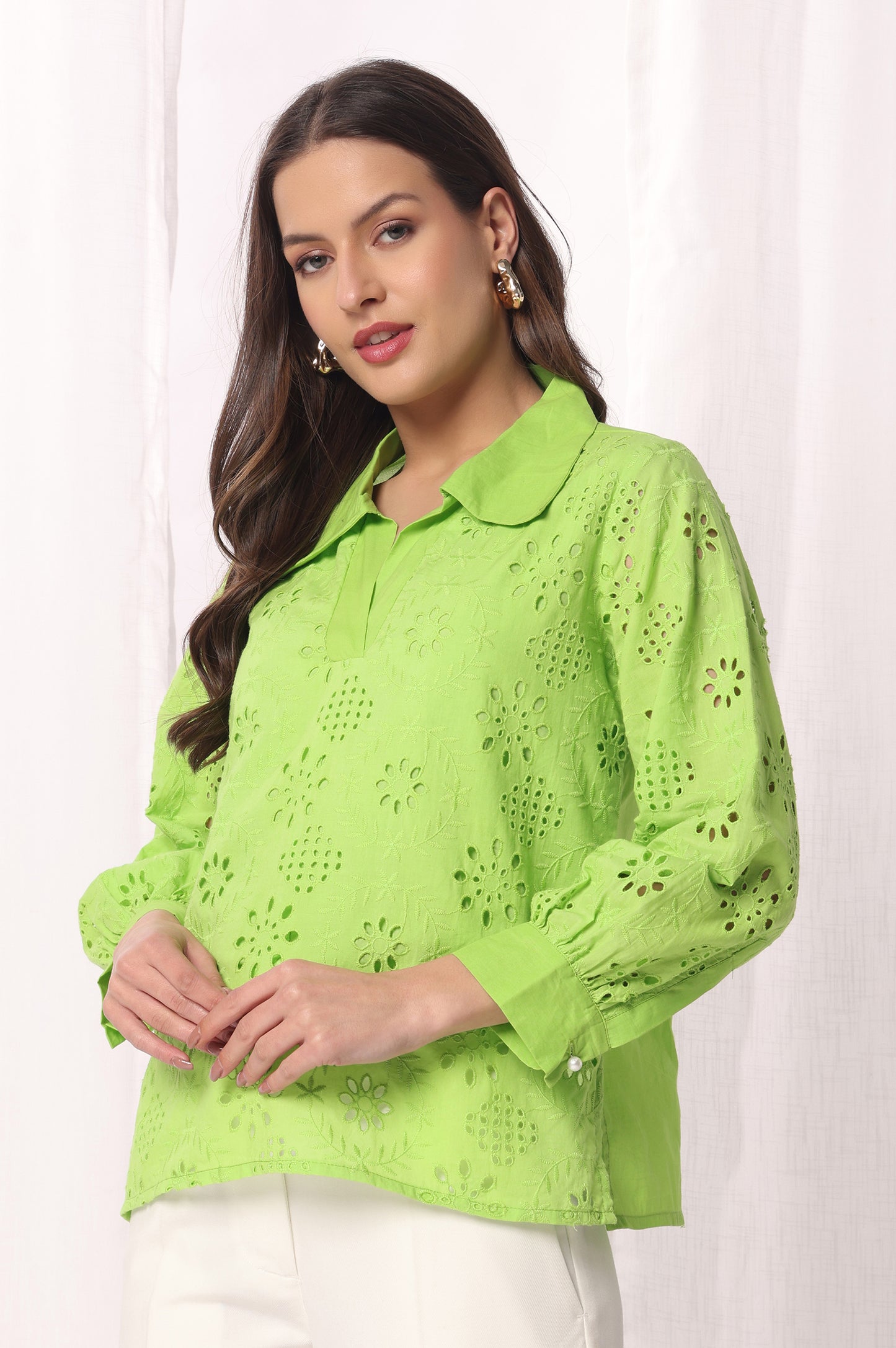 Green Mal Cotton Schiflli Solid Shirt For Women