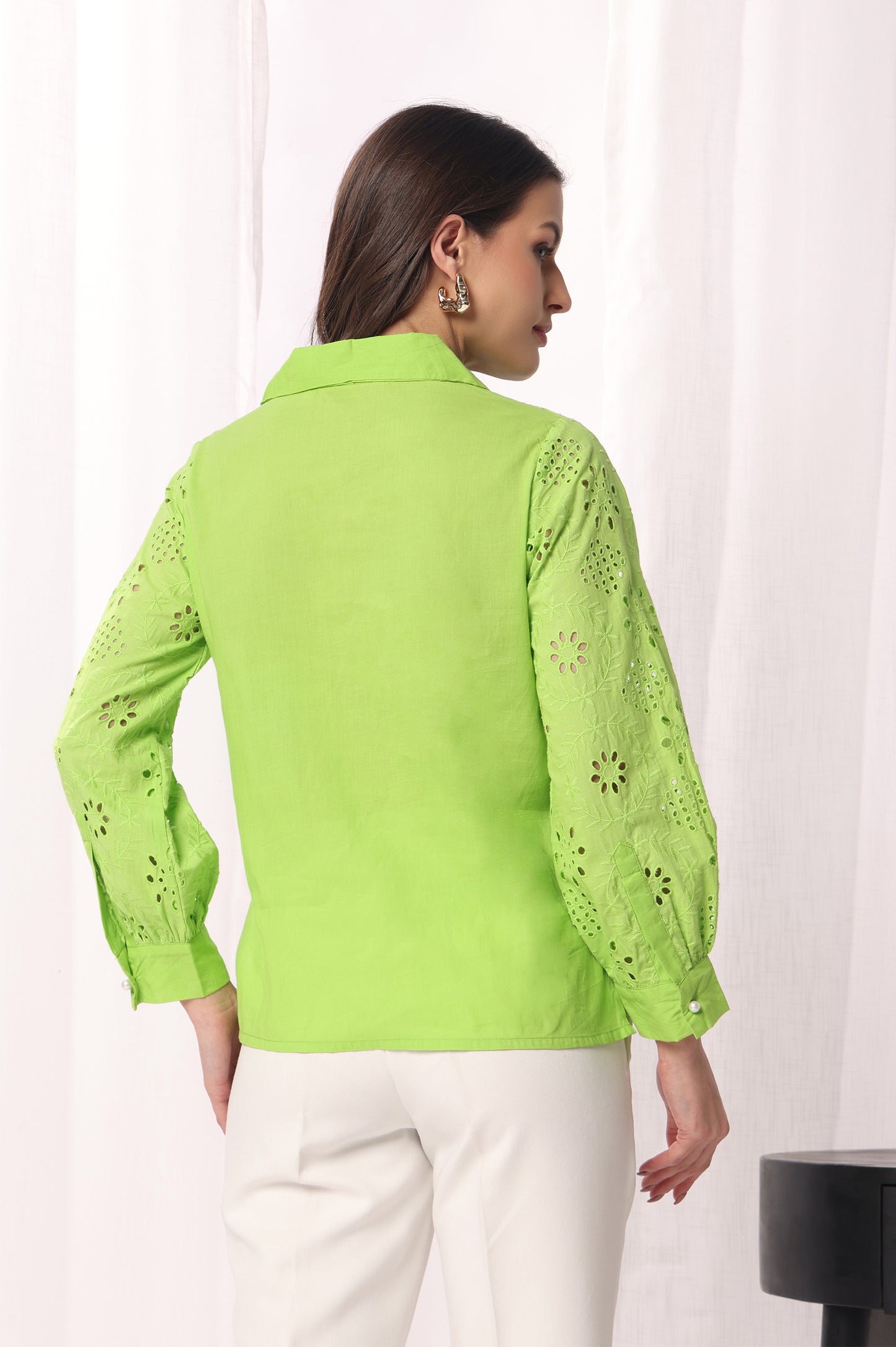 Green Mal Cotton Schiflli Solid Shirt For Women