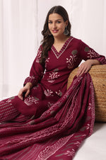 Wine Cotton Blend Floral Printed Kurta Set with Dupatta For Women
